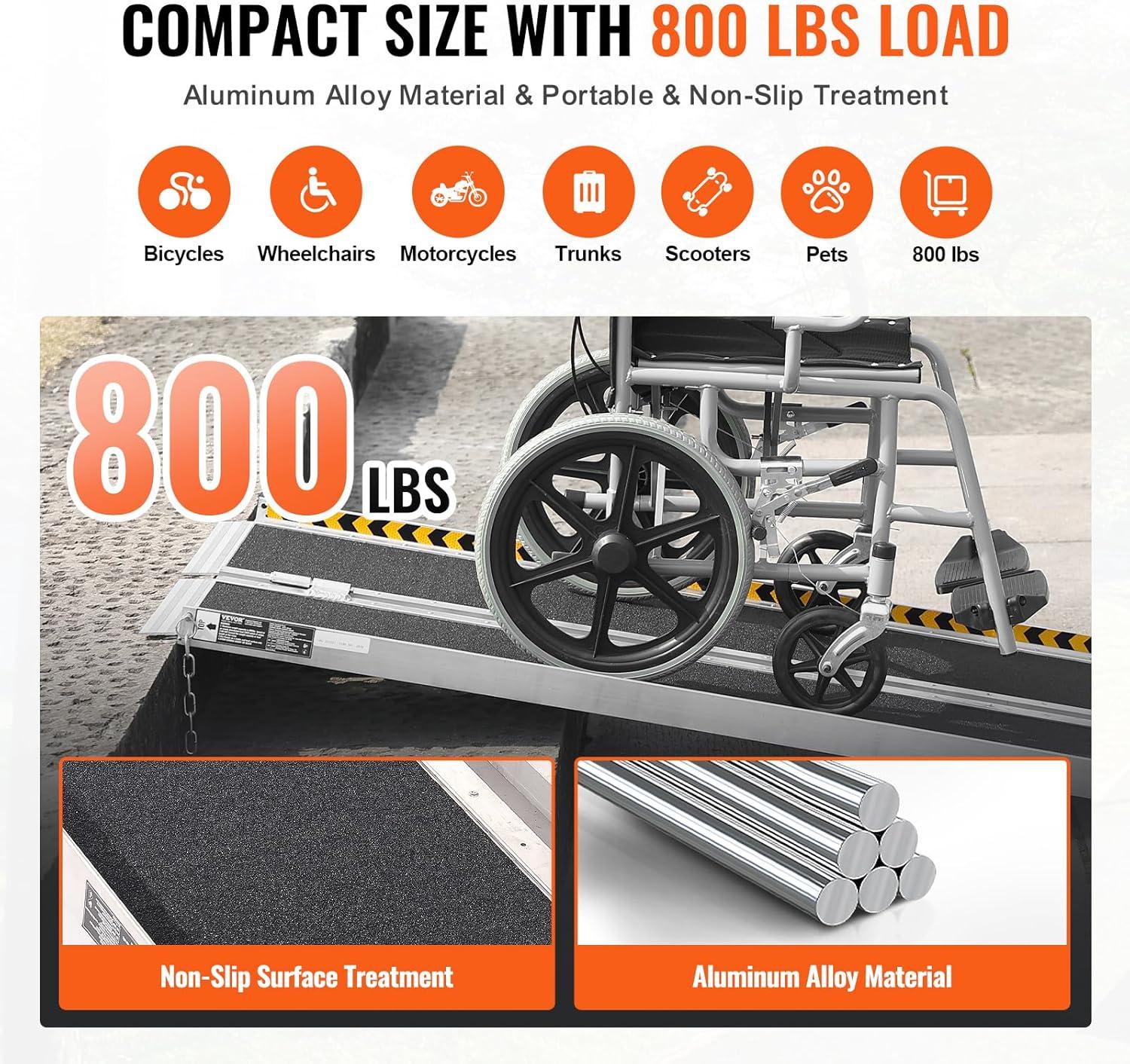 VEVOR Portable Wheelchair Ramp - 6 ft, 800 lbs Capacity, Non-Slip Aluminum, Folding Threshold Design, Suitable for Mobility Scooters, Home Steps, Stairs, Doorways, Curbs