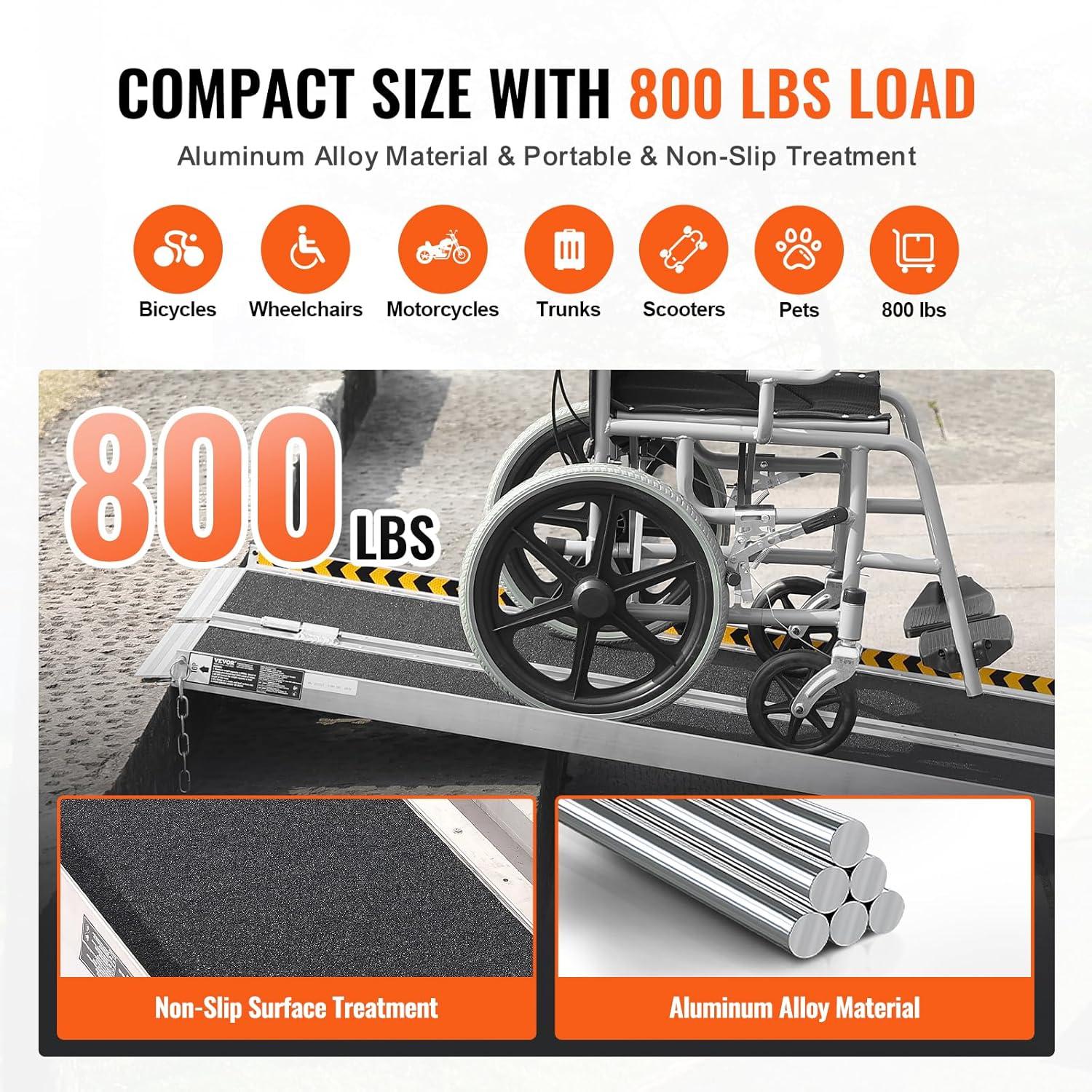 VEVOR Portable Wheelchair Ramp - 6 ft, 800 lbs Capacity, Non-Slip Aluminum, Folding Threshold Design, Suitable for Mobility Scooters, Home Steps, Stairs, Doorways, Curbs