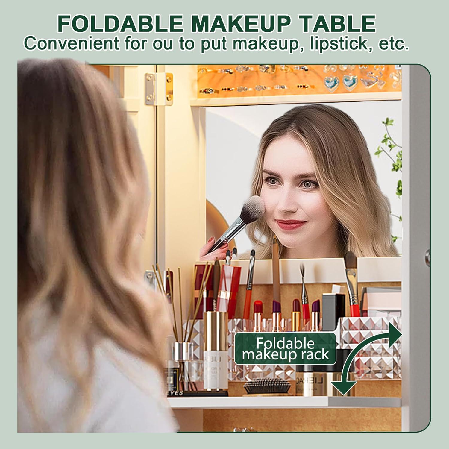 Hokku Designs LED Mirror Jewelry Cabinet,47.2" Wall Mounted Jewelry Organizer with Full-Length Mirror,Over The Door Hanging Jewelry Armoire Storage Cabinet,Folding Dresser,2 Drawers,Lockable, 3 Shelves(White)