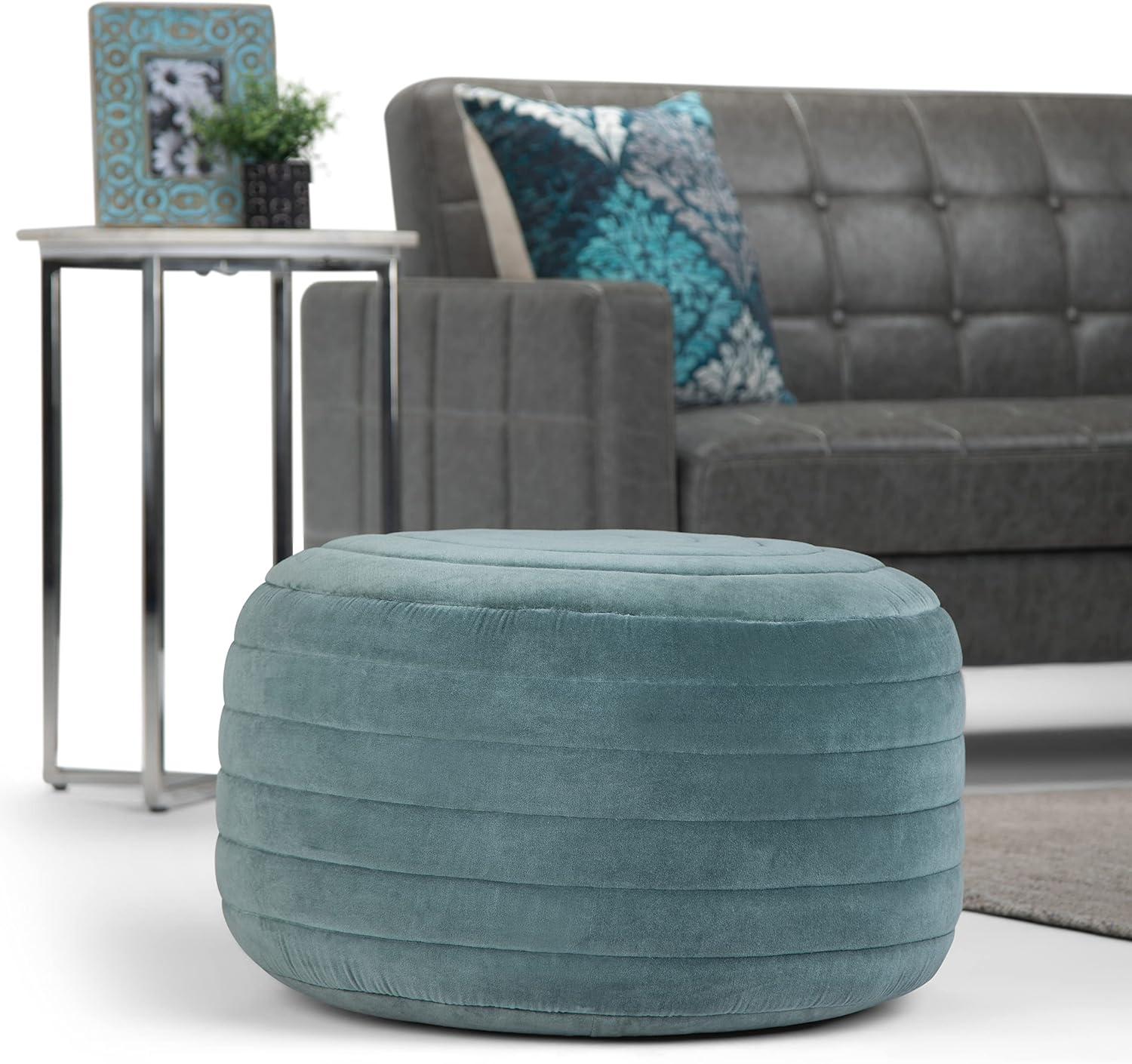 Simpli Home Vivienne Boho Round Pouf in Turquoise Velvet Fabric