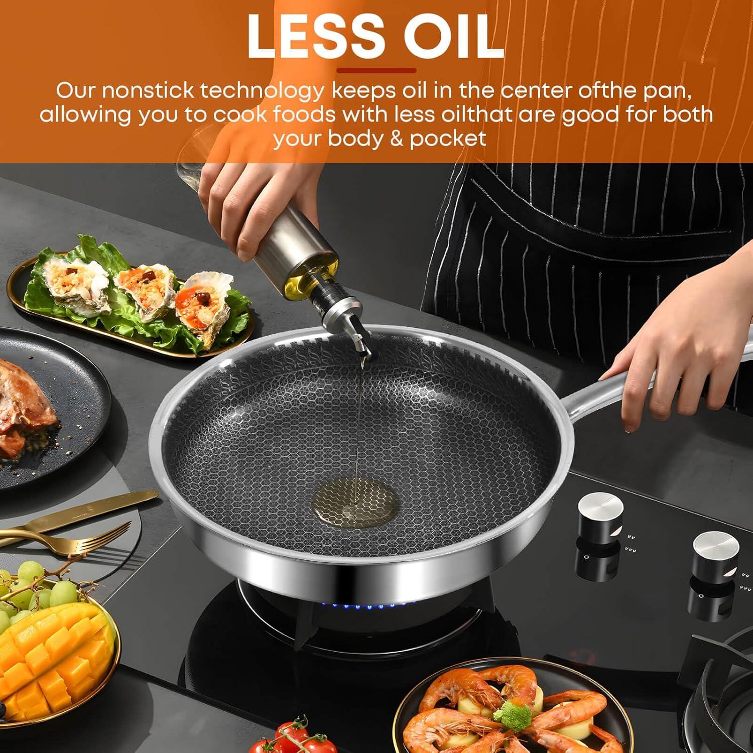 12 Inch Frying Pan with Lid, Whole body Tri-Ply Stainless Steel Skillet for Gas Electric Induction Ceramic Stoves and Oven