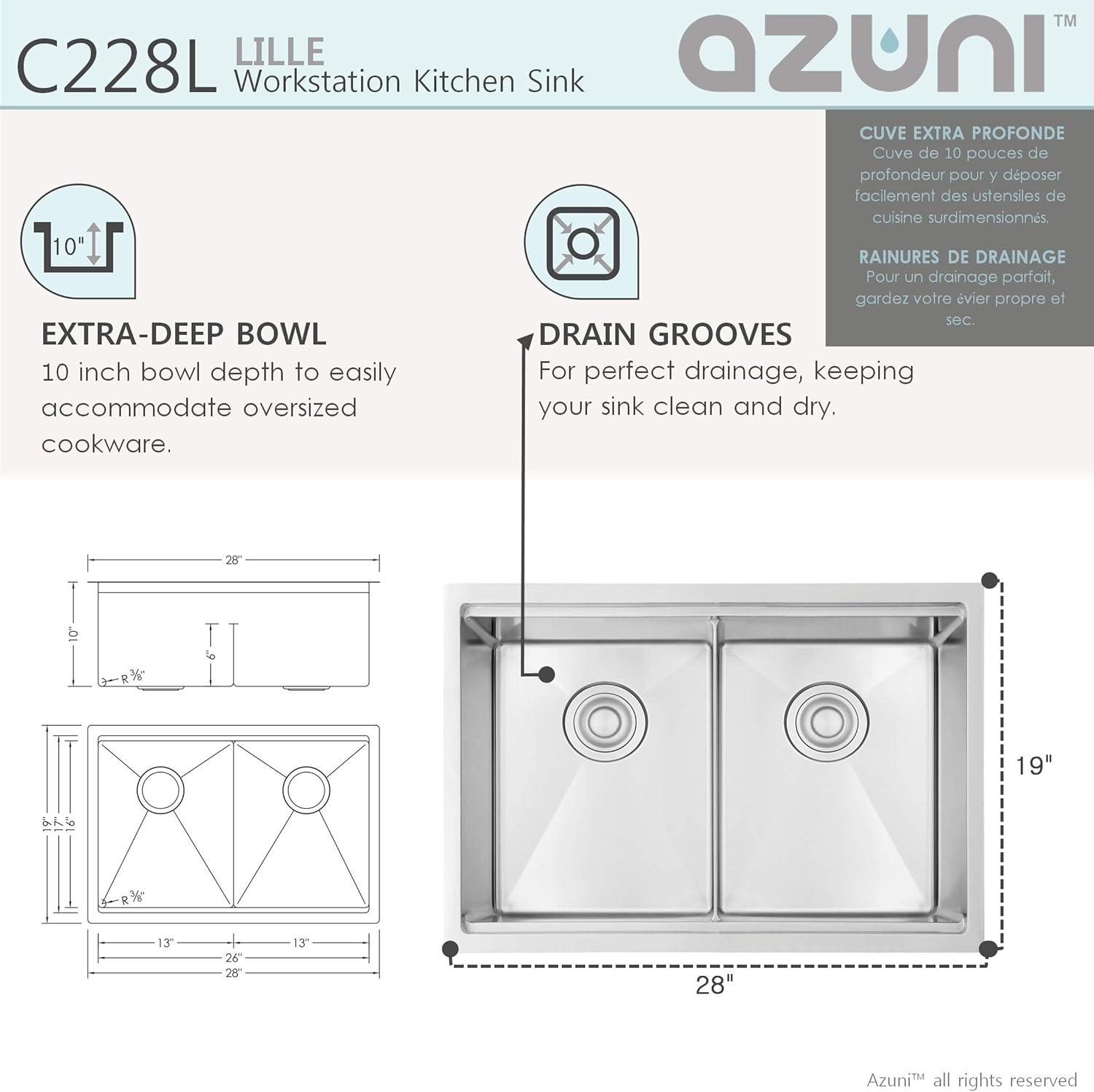 AZUNI 28 inch Stainless Steel Double Bowl Undermount Workstation Sink