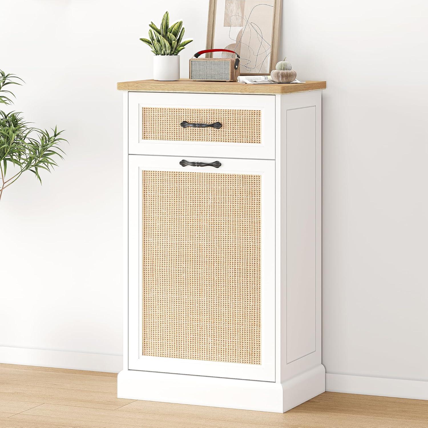 Garvee Tilt Out Trash Cabinet with Natural Rattan, Hidden Trash Can Cabinet 10 Gallon Storage Holder, Freestanding Garbage Bin Cabinet for Kitchen Dining Living Room, White