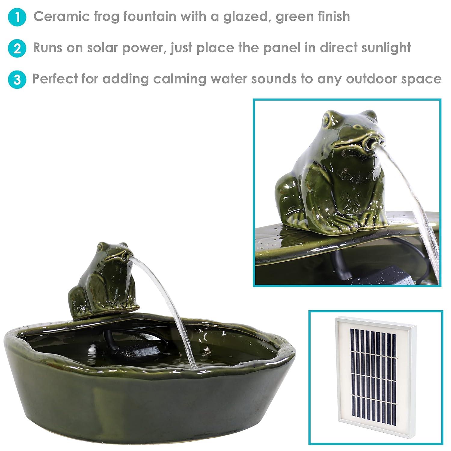 Sunnydaze Outdoor Solar Powered Ceramic Spitting Frog Water Fountain with Submersible Pump - 7" - Green
