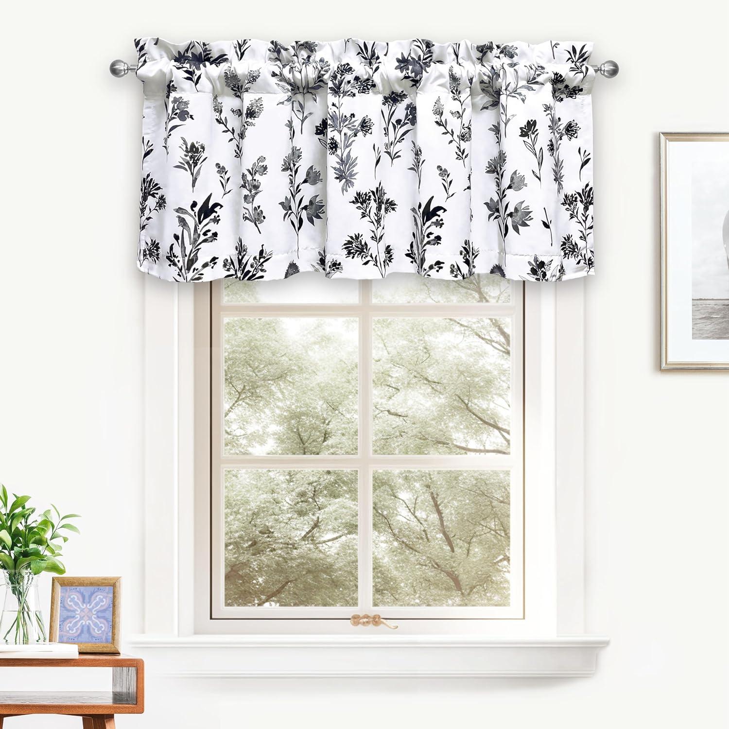 DriftAway Sylvia Floral Botanical Herbs Watercolor Printed Pattern Lined Blackout Thermal Insulated Window Curtain Valance Rod Pocket Single 52" x 18" Plus 2" Header Black White