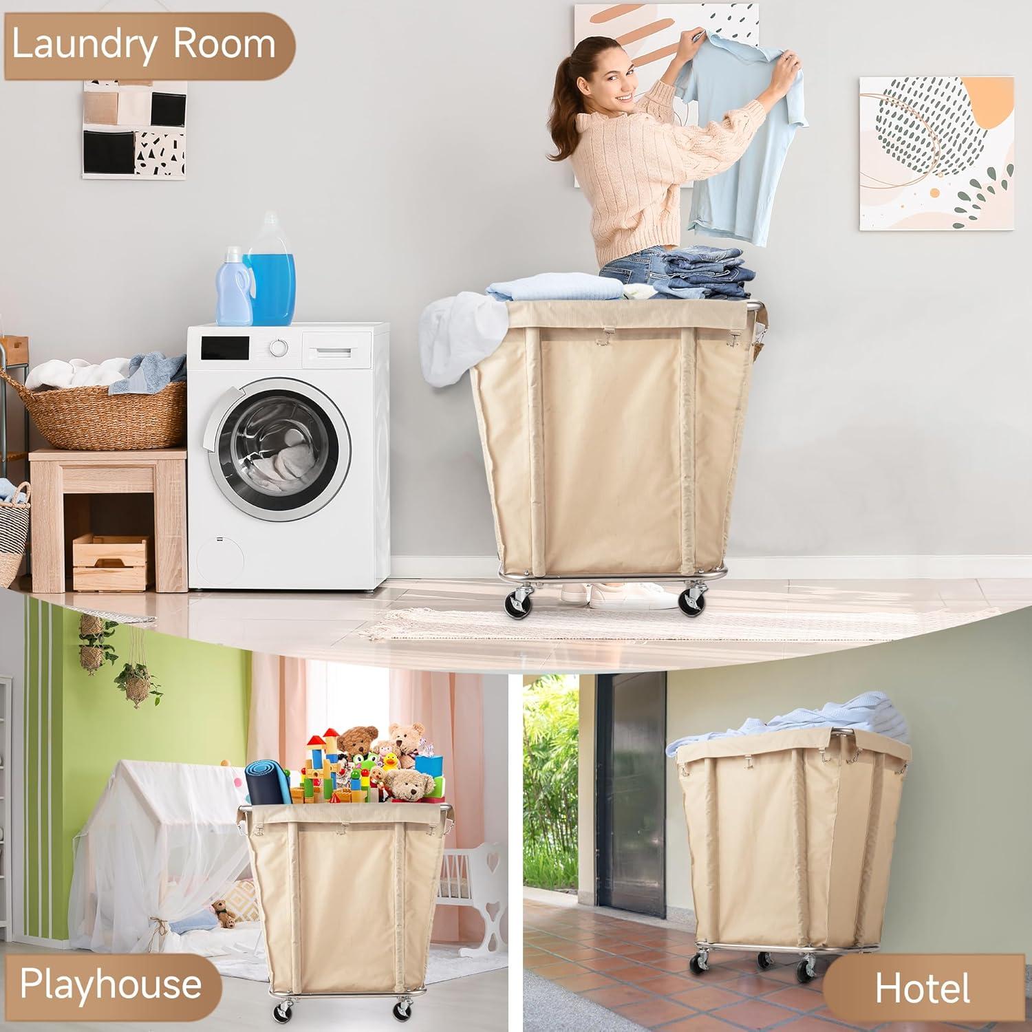 Rengue Commercial Laundry Cart with Wheels, 320L Capacity Laundry Sorter Rolling Laundry Hamper with Waterproof Oxford Basket and Sturdy Steel Frame, 260 lbs Load, Beige