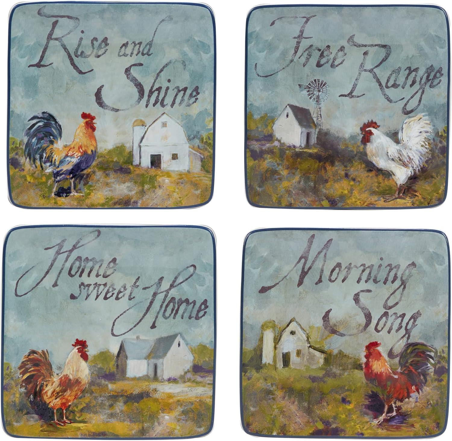 Rooster Meadow Ceramic Square Appetizer Plates Set of 4