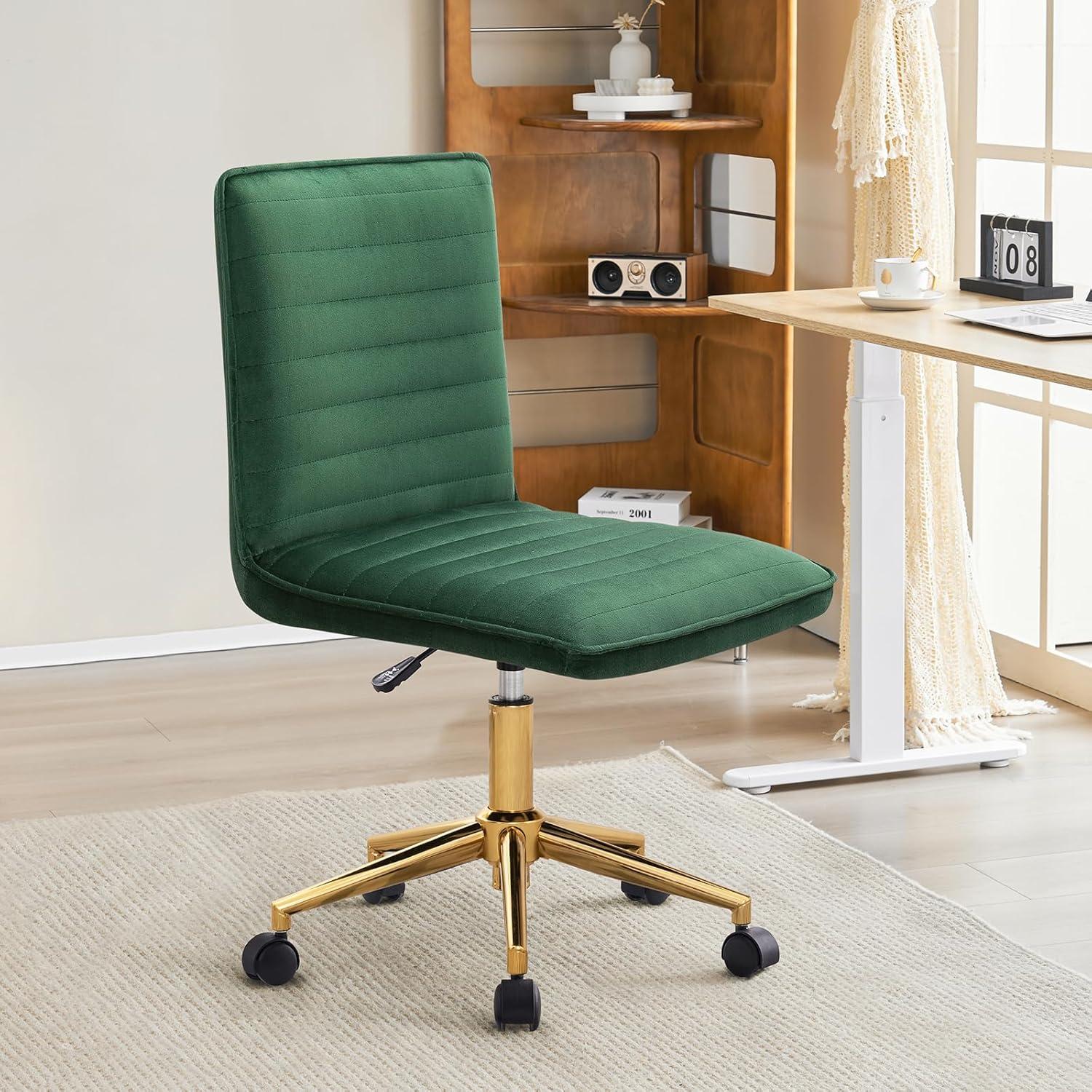 Furniliving Velvet Armless Mid-Back  Task Chair Swivel Office Chair Rolling Computer Chair Adjustable Vanity Chair, Dark Green