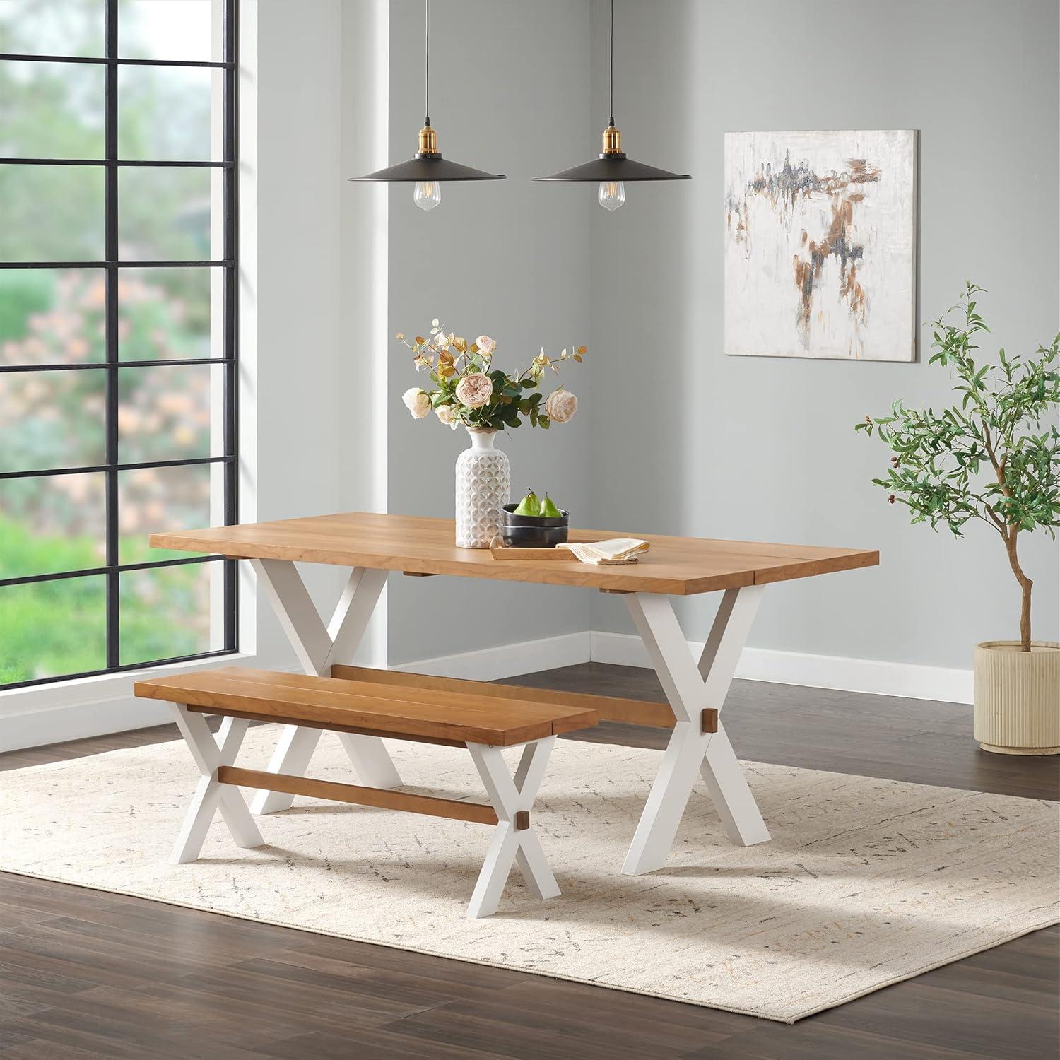 Chelsea 72" Wide Farmhouse Style Table With Crossed Legs Rectangular Dining Table with Bench