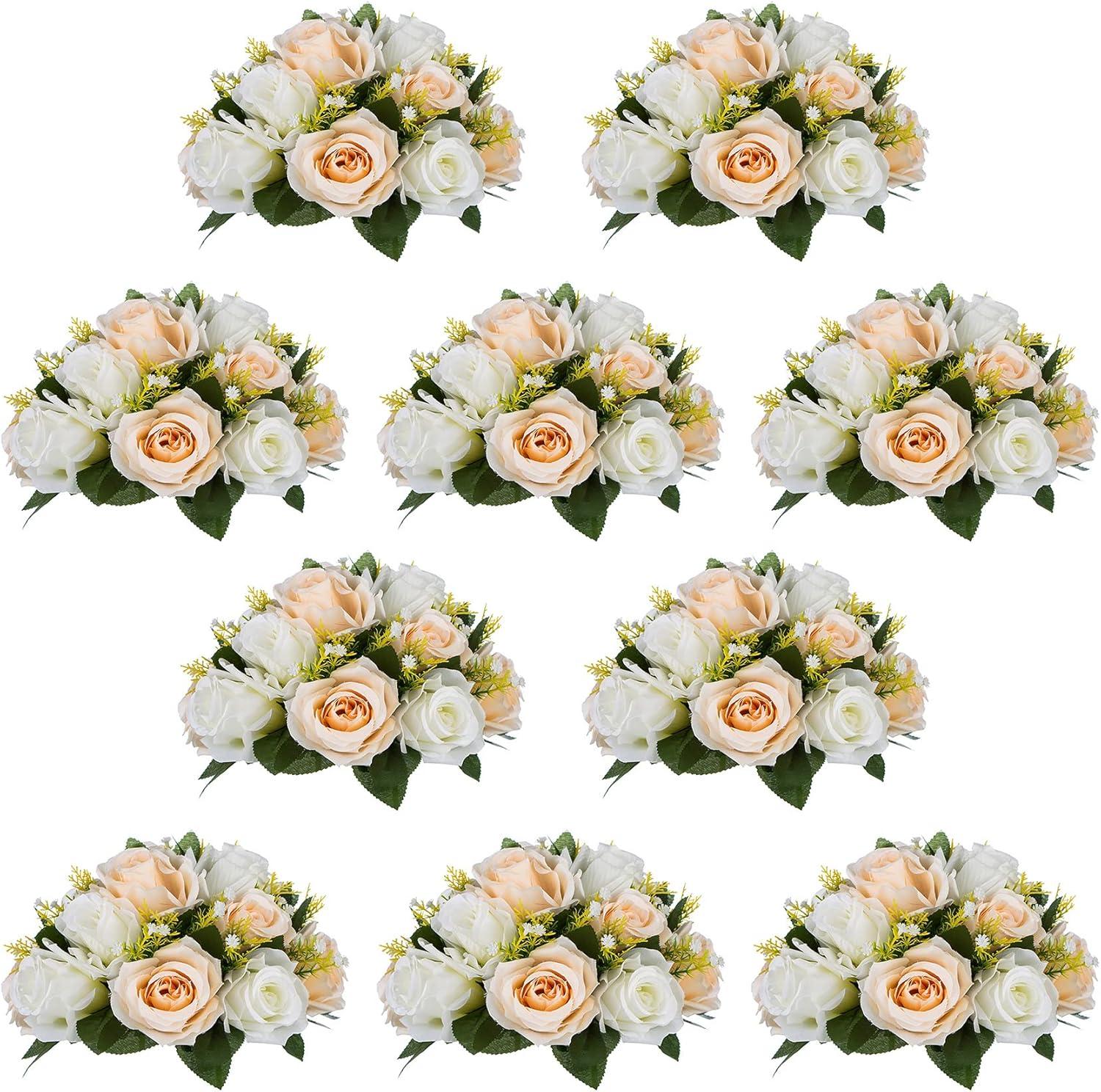 Nuptio Set of 10 Champagne Artificial Flower Kissing ball, 15 Heads Fake Peony Silk Rose Flowers Bouquet for Centerpiece Wedding Birthday Party Home Table Decor