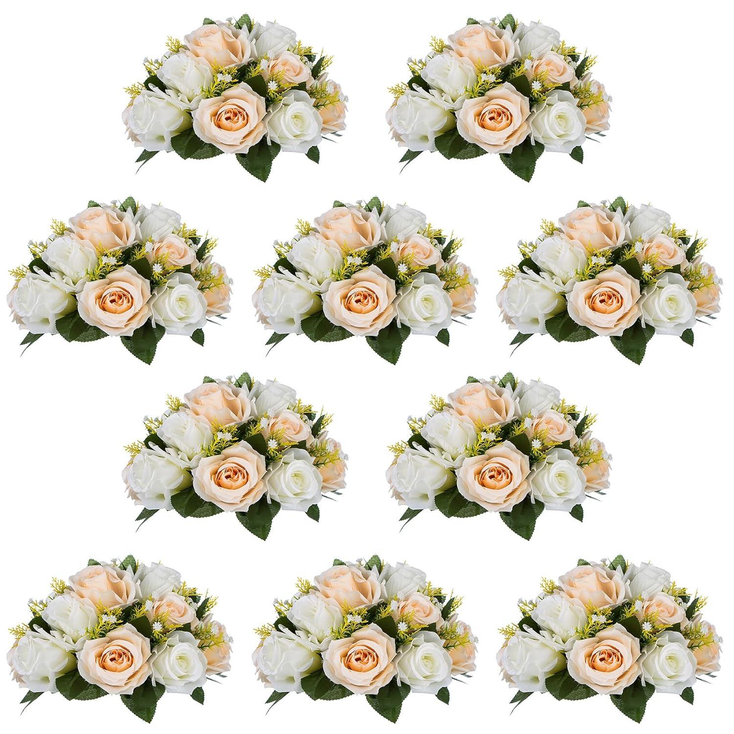 Nuptio Set of 10 Champagne Artificial Flower Kissing ball, 15 Heads Fake Peony Silk Rose Flowers Bouquet for Centerpiece Wedding Birthday Party Home Table Decor