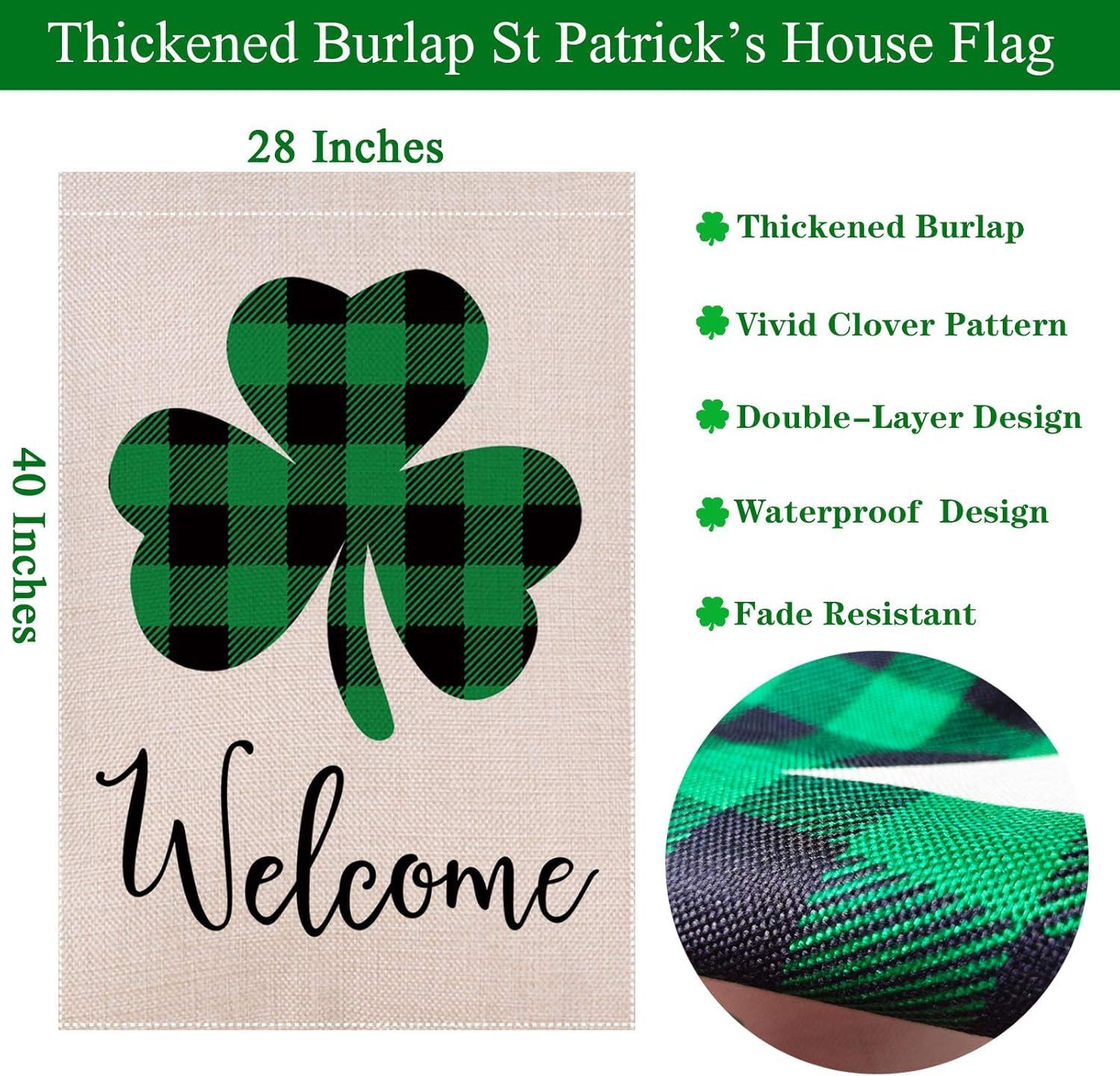 Shamrocks St. Patrick's Day Burlap House Flag Welcome 28" x 40" Briarwood Lane