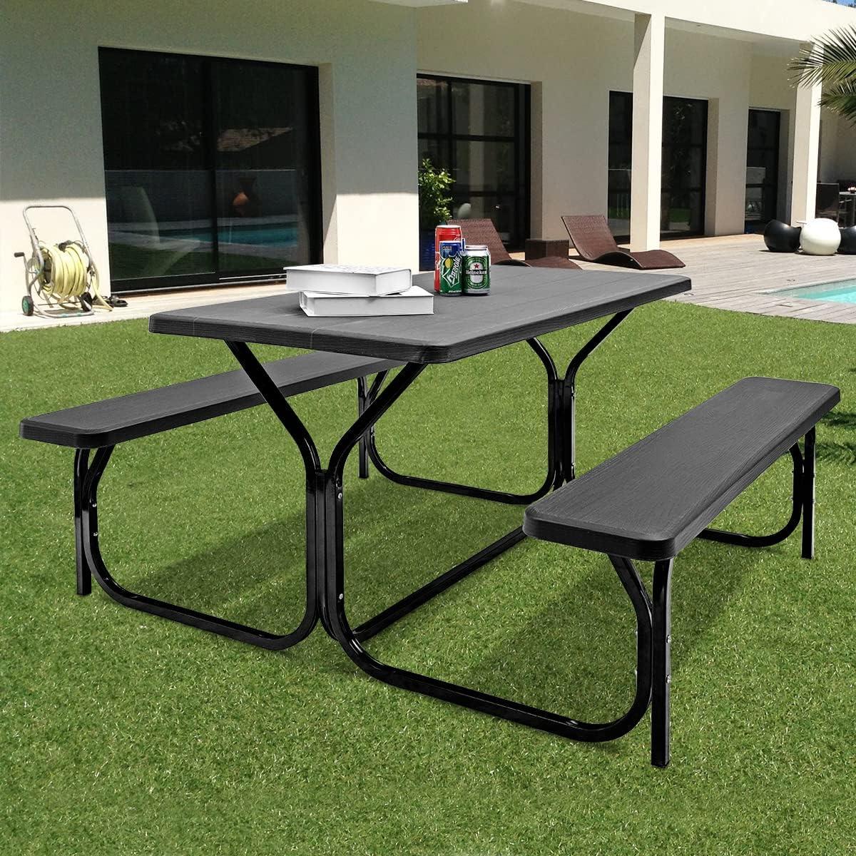 Costway Picnic Table Bench Set Outdoor Backyard Iron Patio Garden Party Dining All Weather Black
