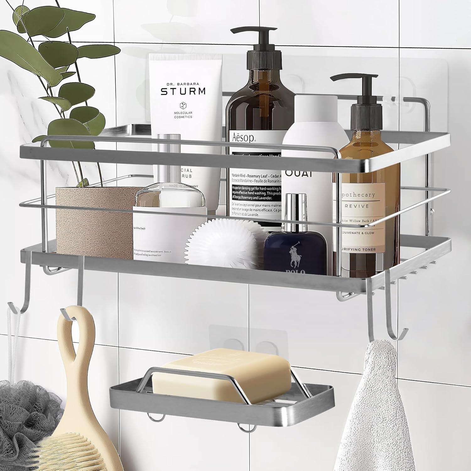 Silver Stainless Steel Adhesive Shower Caddy with Hooks