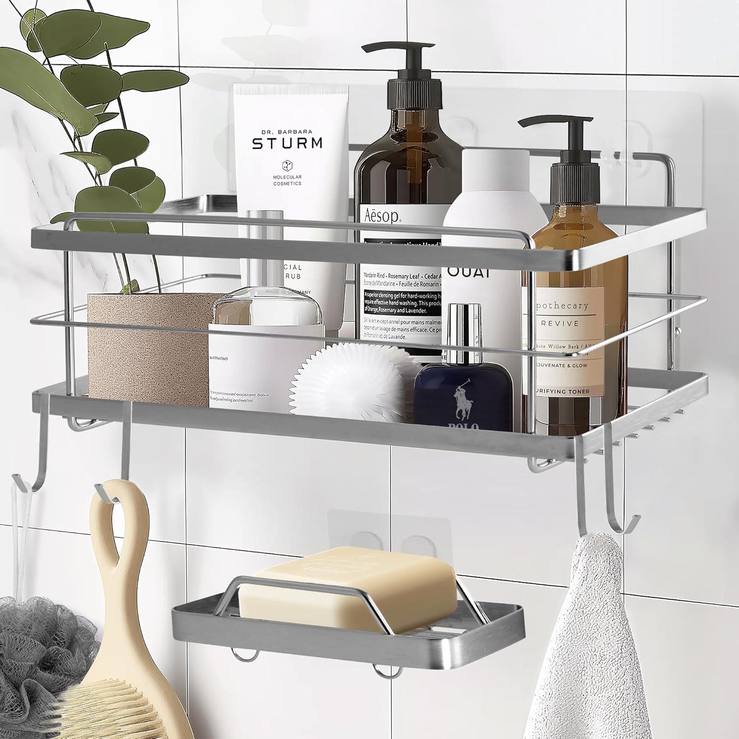 KINCMAX Premium Shower Caddy - Adhesive Bathroom Shower Organizer and Storage w/ 4 Hooks