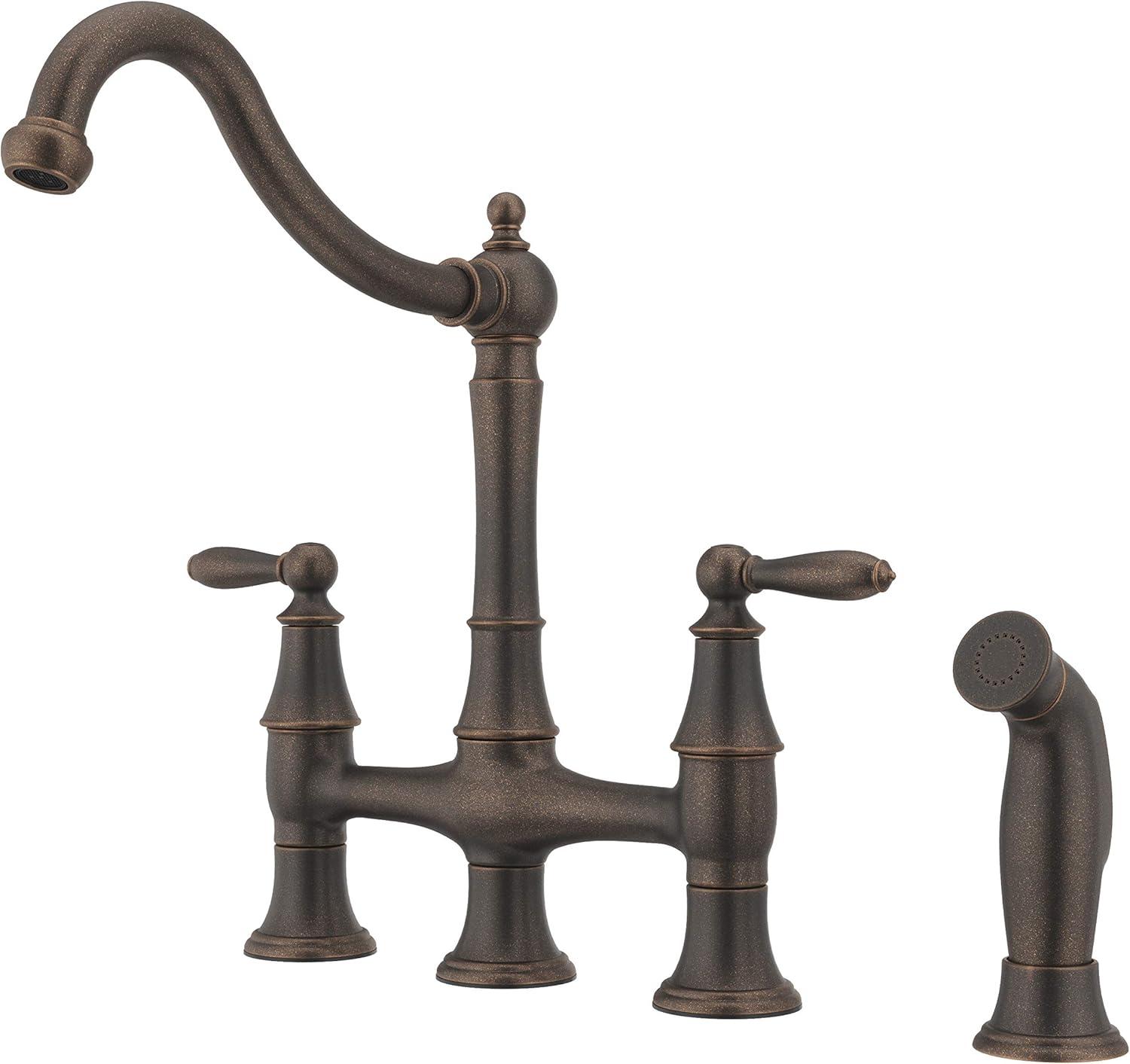 Rustic Bronze Double Handle Bridge Kitchen Faucet with Side Sprayer