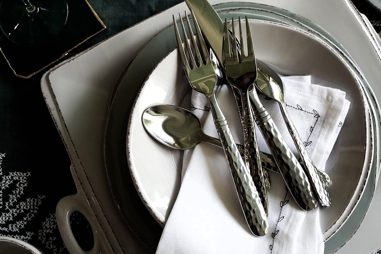 Hammered Stainless Steel 9" Salad Server Set, Fork and Spoon