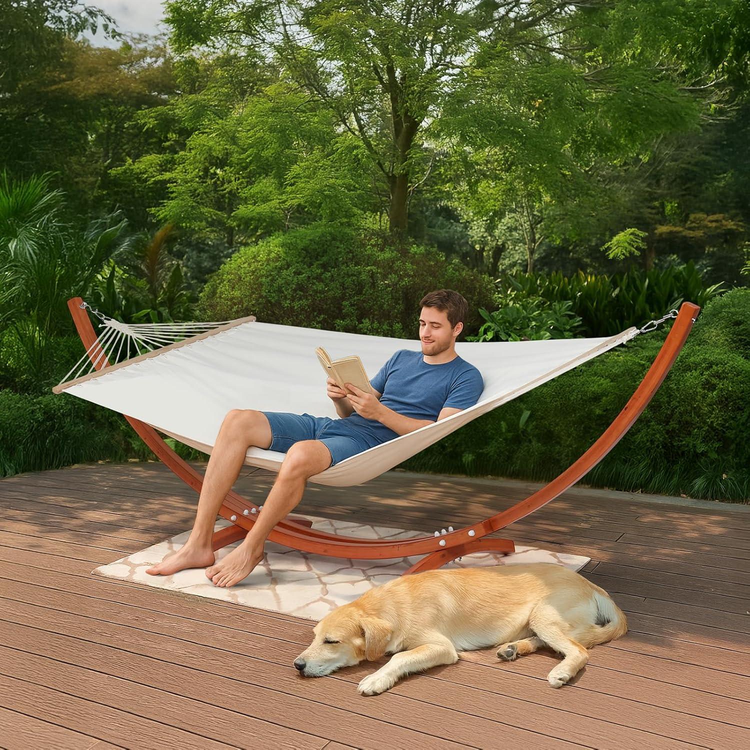 10.5 ft White Canvas Double Hammock with Pine Wood Arc Stand