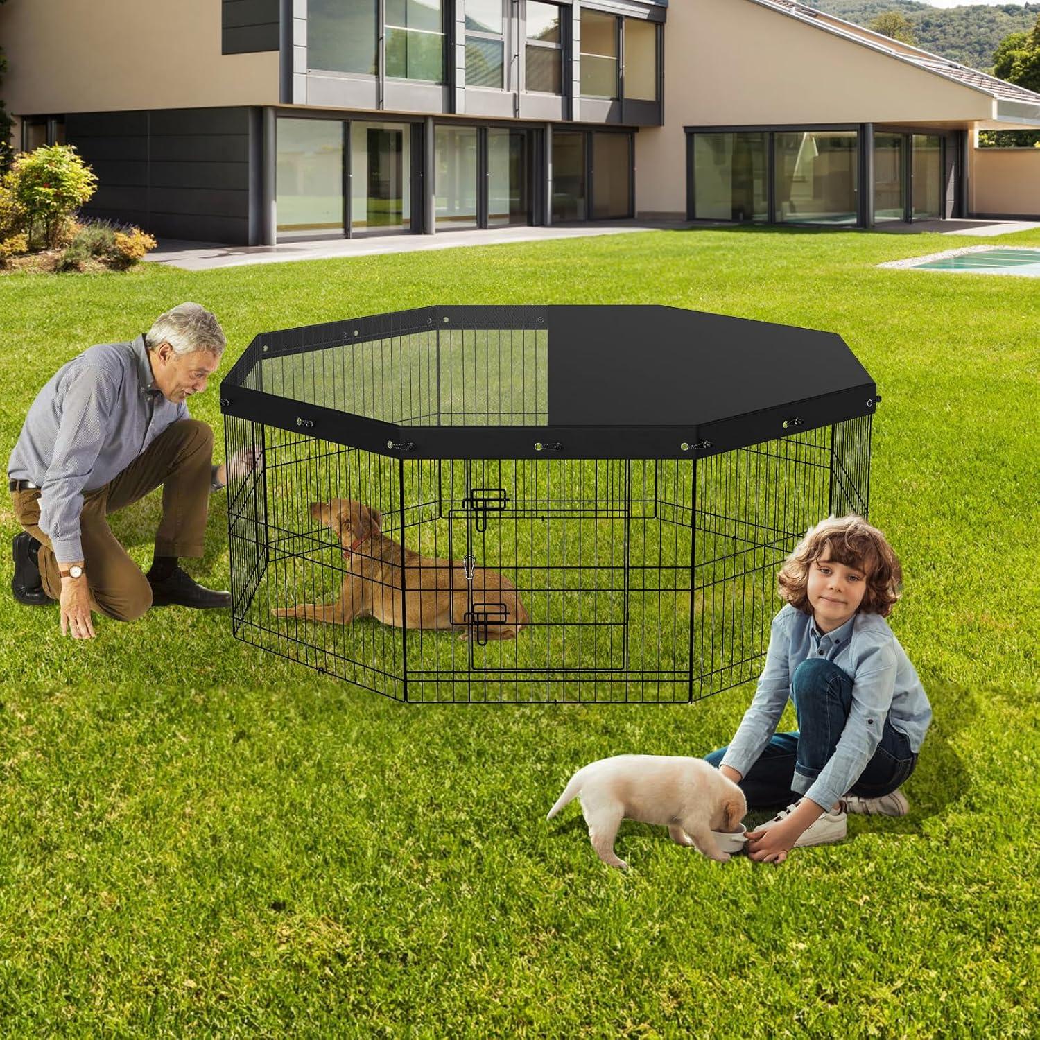 VEVOR Dog Playpen, 8 Panels Foldable Metal Dog Exercise Pen 24" H Pet Fence Puppy Crate Kennel with Ground Stakes Top Cover