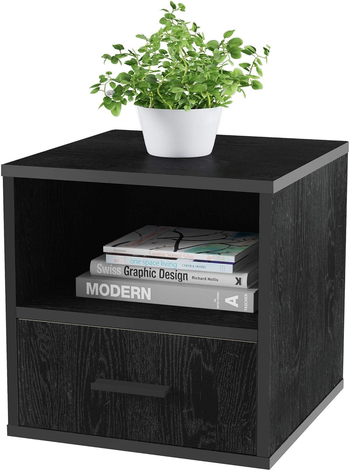 Lavish Home End Table Cube with Drawer, Black