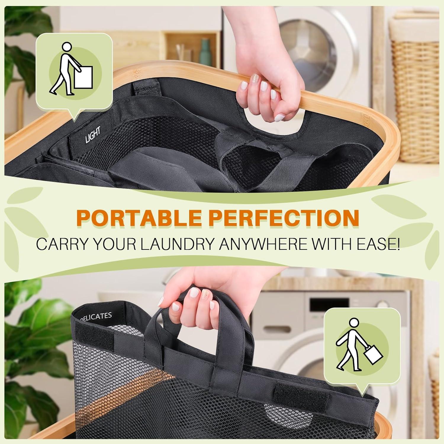 JASODI Laundry Hamper with Lid, 160L Extra Large Laundry Basket 3 Section Dirty Clothes Hamper for Laundry with Removable Laundry Bags