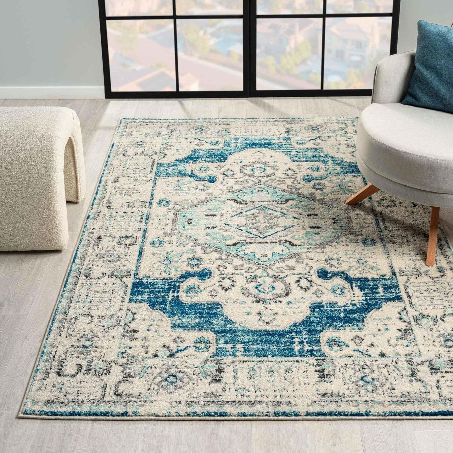 Blue and Beige 8' x 10' Synthetic Oriental Medallion Area Rug