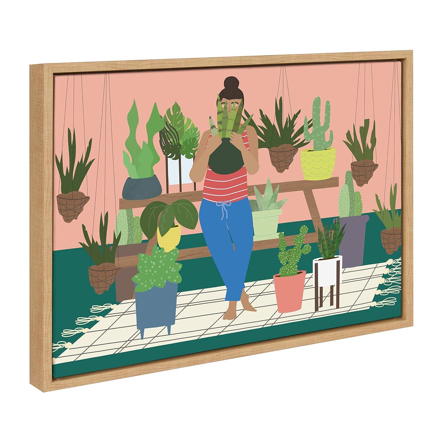 Kate & Laurel All Things Decor 18" x 24" Sylvie Plant Lady Framed Canvas by Queenbe Monyei Natural : Modern Style, Digital Nature Art