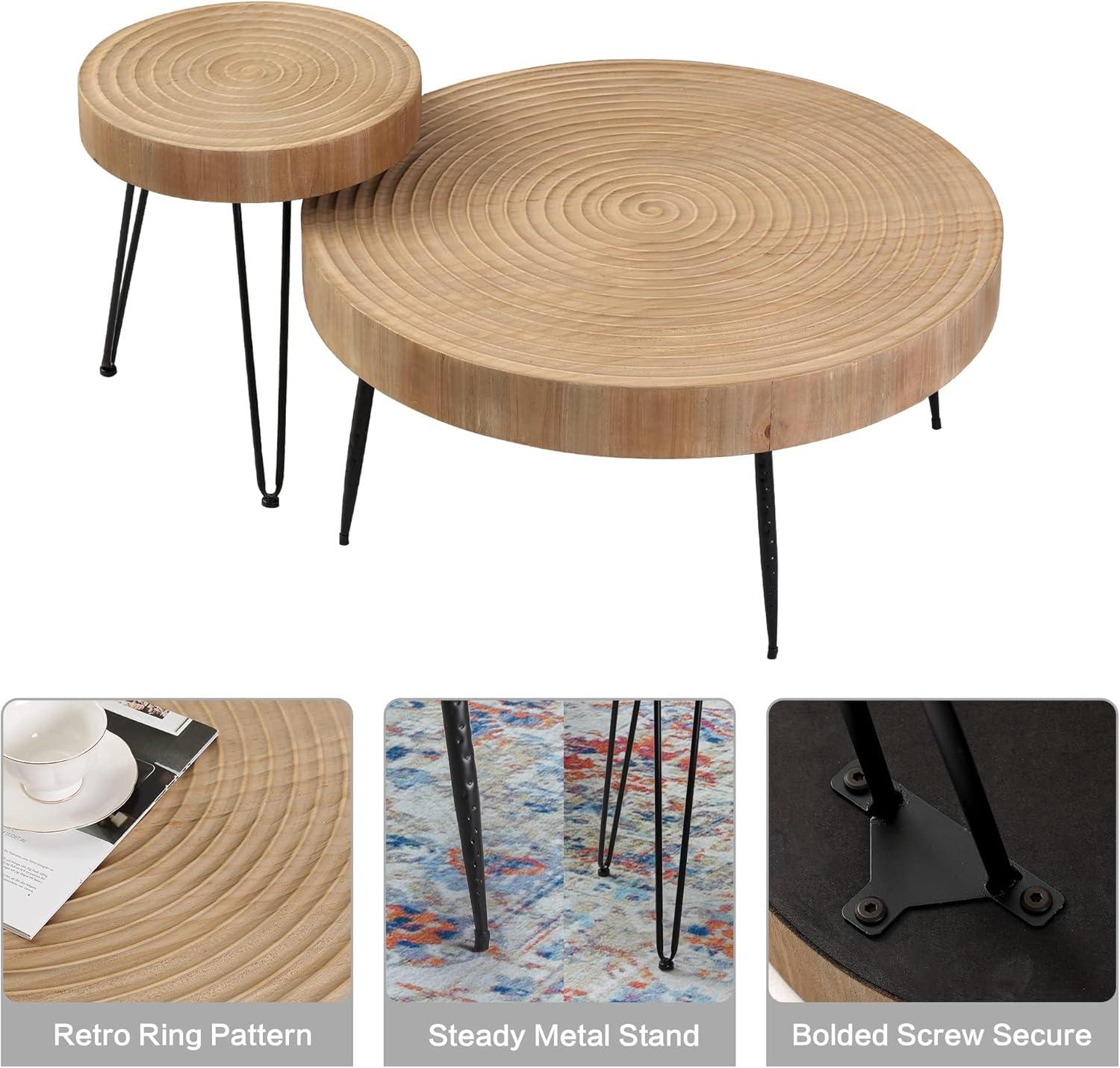 Round Natural Wood Farmhouse Nesting Coffee Table Set