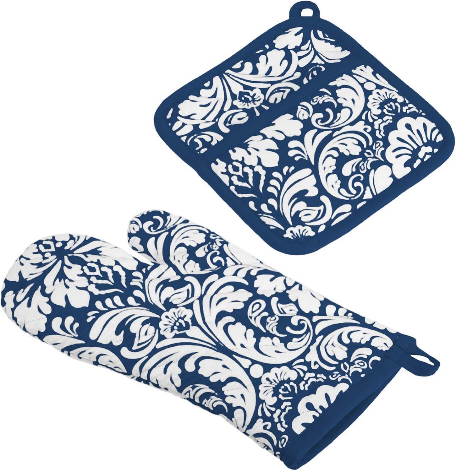 Nautical Blue and White Cotton Damask Oven Mitt and Potholder Set