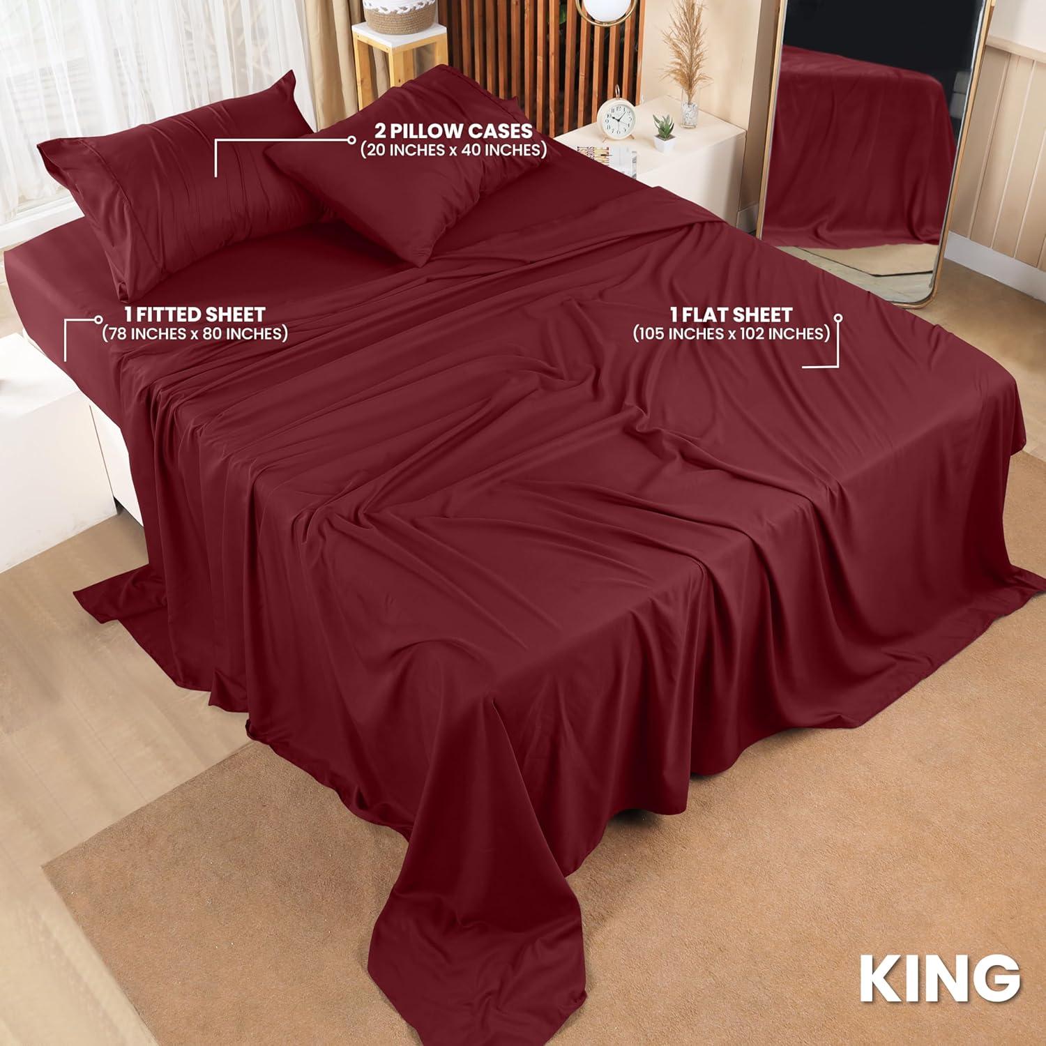 King Bed Sheets Set - 4 Piece Bedding - Brushed Microfiber - Shrinkage and Fade Resistant - Easy Care (King, Red Burgundy)