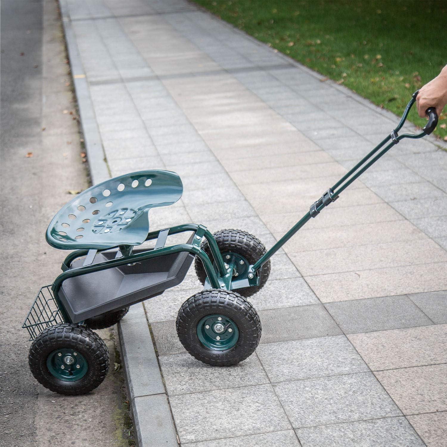 Rolling Garden Cart Scooter Stool - Garden Seat with Wheels Garden Cart with Seat, Adjustable Handle 360 Degree Swivel (Green)