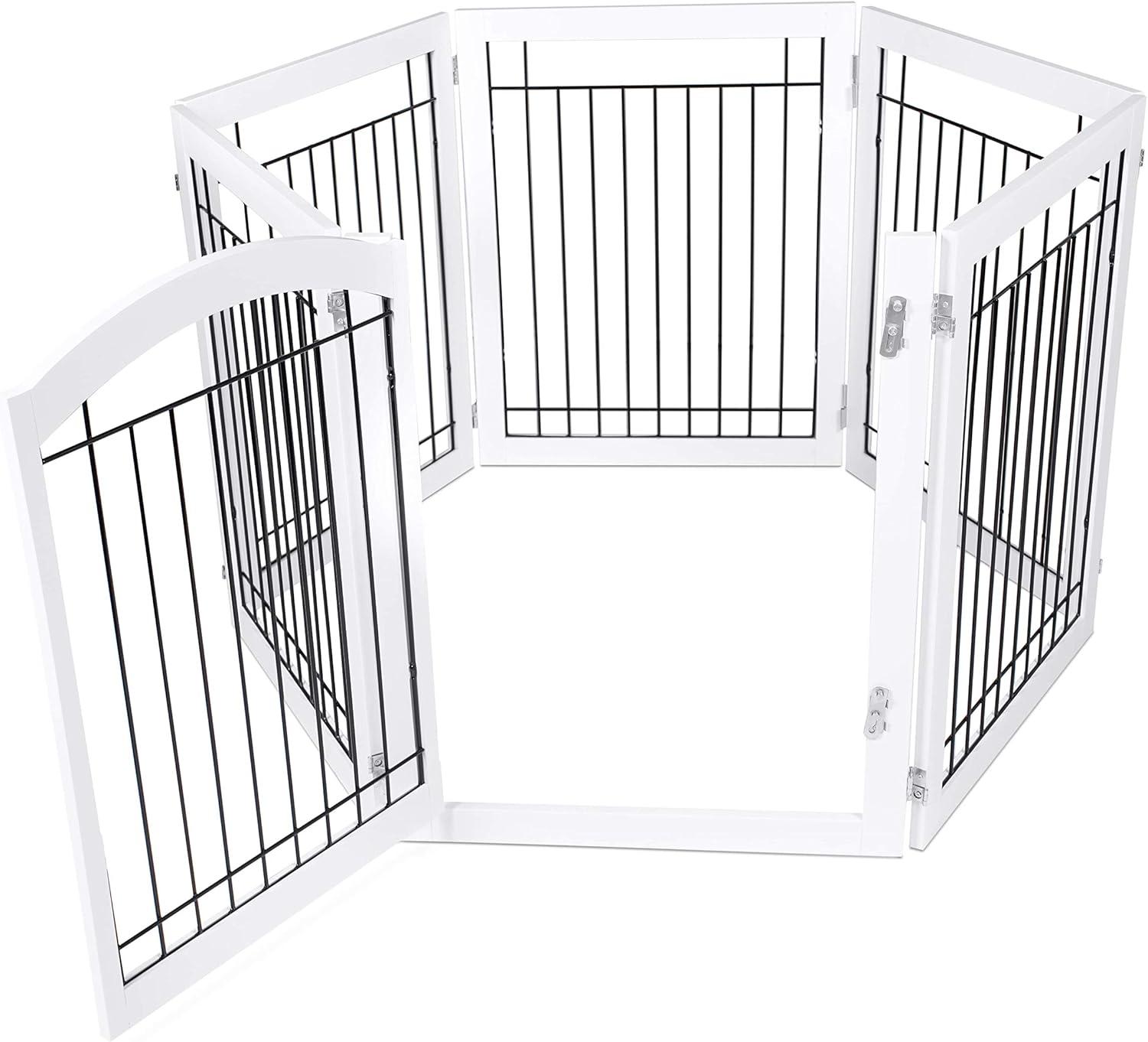 Expandable White Wood and Black Wire Freestanding Pet Gate