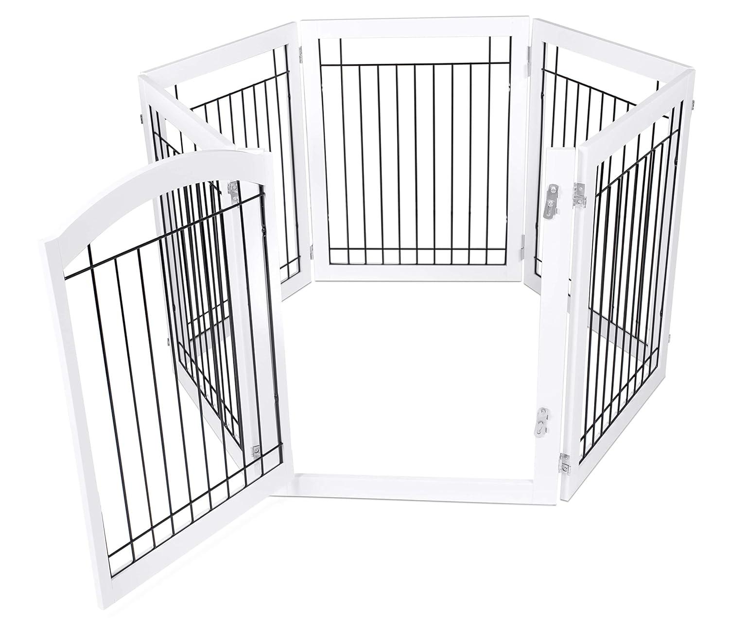 Expandable White Wood and Black Wire Freestanding Pet Gate