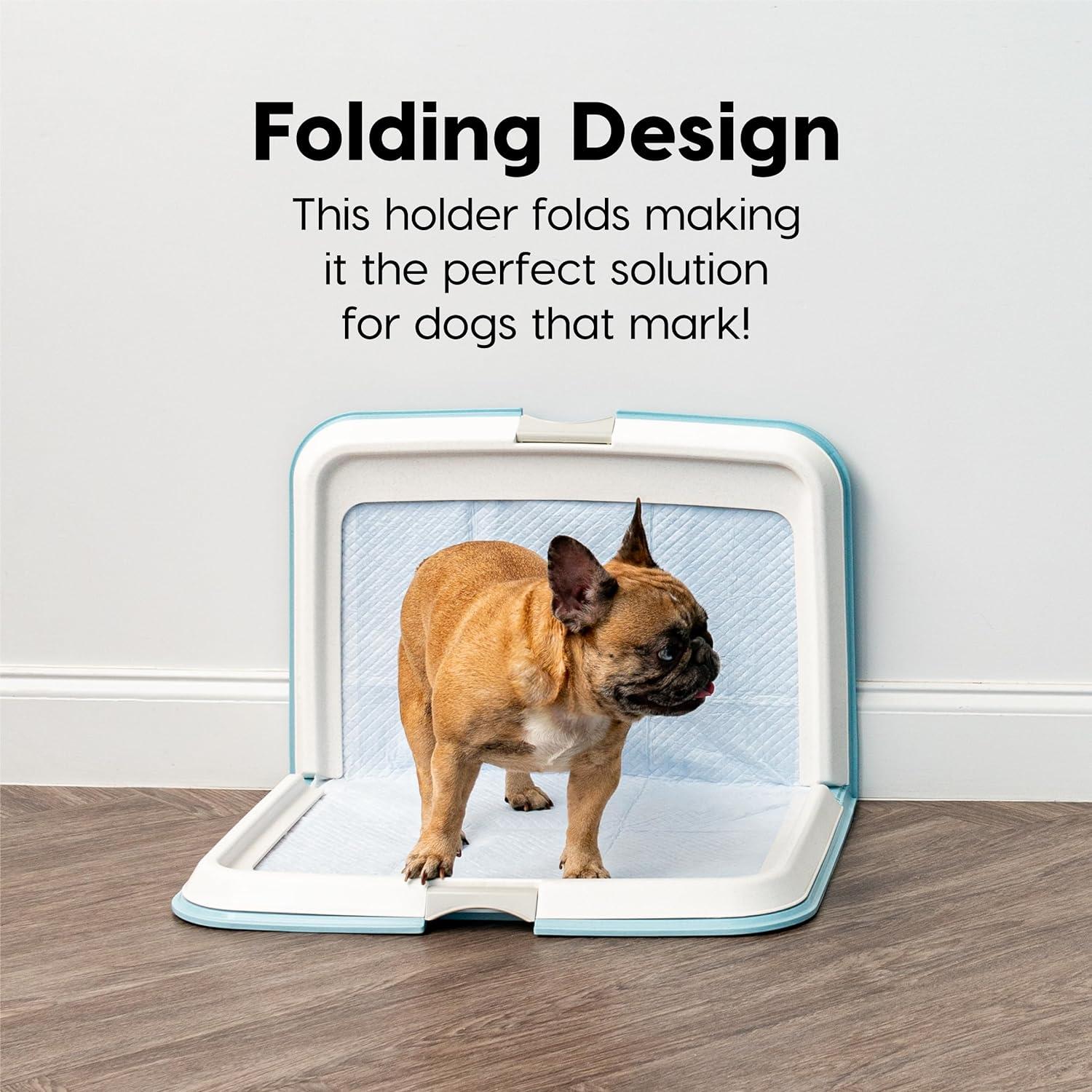 IRIS USA Pee Pad Holder - For Large Sized Dog and Puppy Pee Pads, Secured Latches, Non-Skid Feet, High Polish Finish for Easy Cleaning, Leak Protection, Fits 23"x35" Pad or Larger, Square, Blue