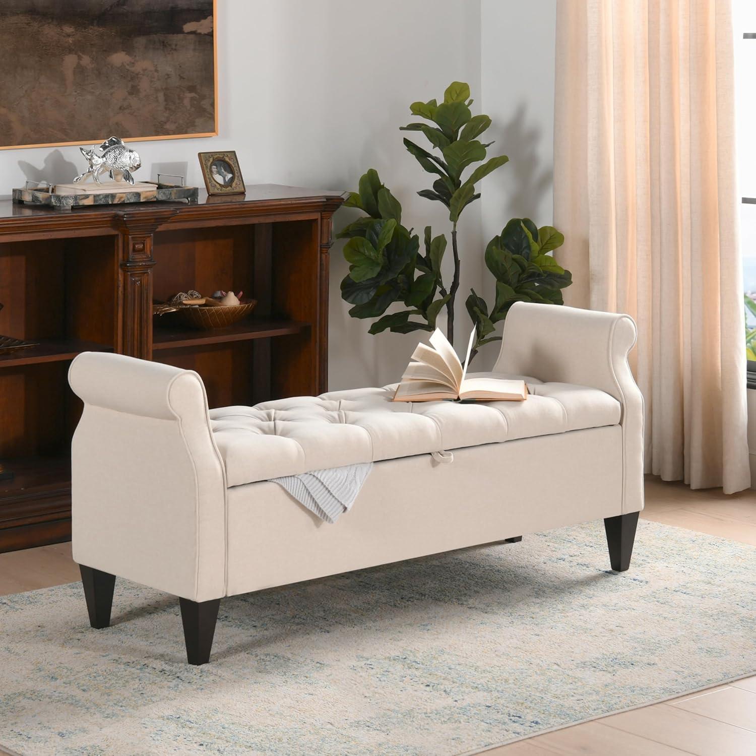 Jacqueline Tufted Roll Arm Storage Bench Sky Neutral