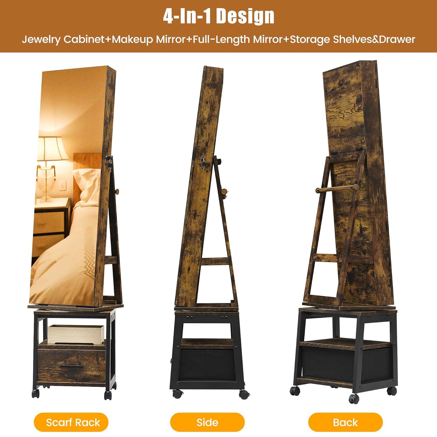 Garvee 360¡ã Swivel Jewelry Armoire, 66" H Floor Standing Locking with Full Length Mirror, Inside Makeup Mirror, Rear Storage Shelves, Brown