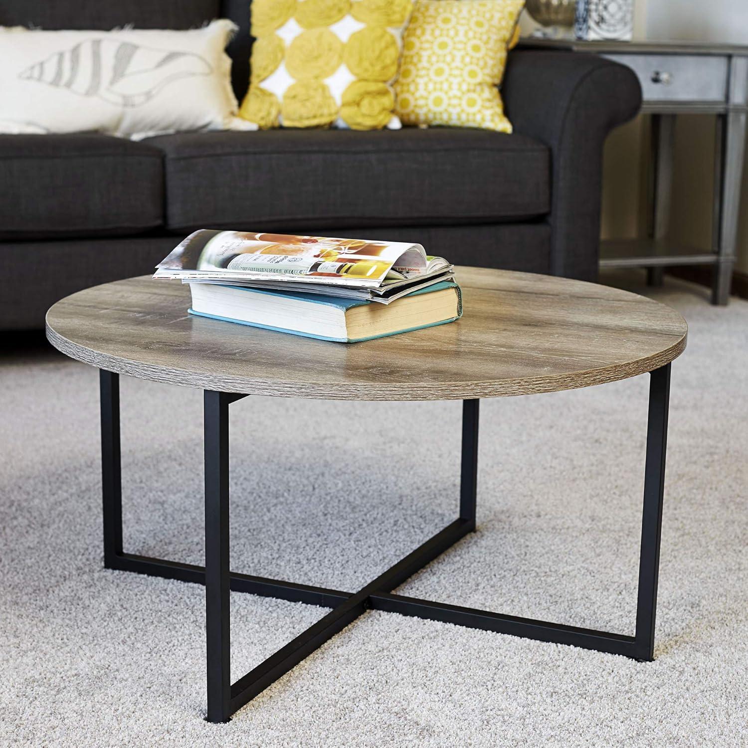 Jamestown Round Taupe Wood Coffee Table with Black Metal Frame