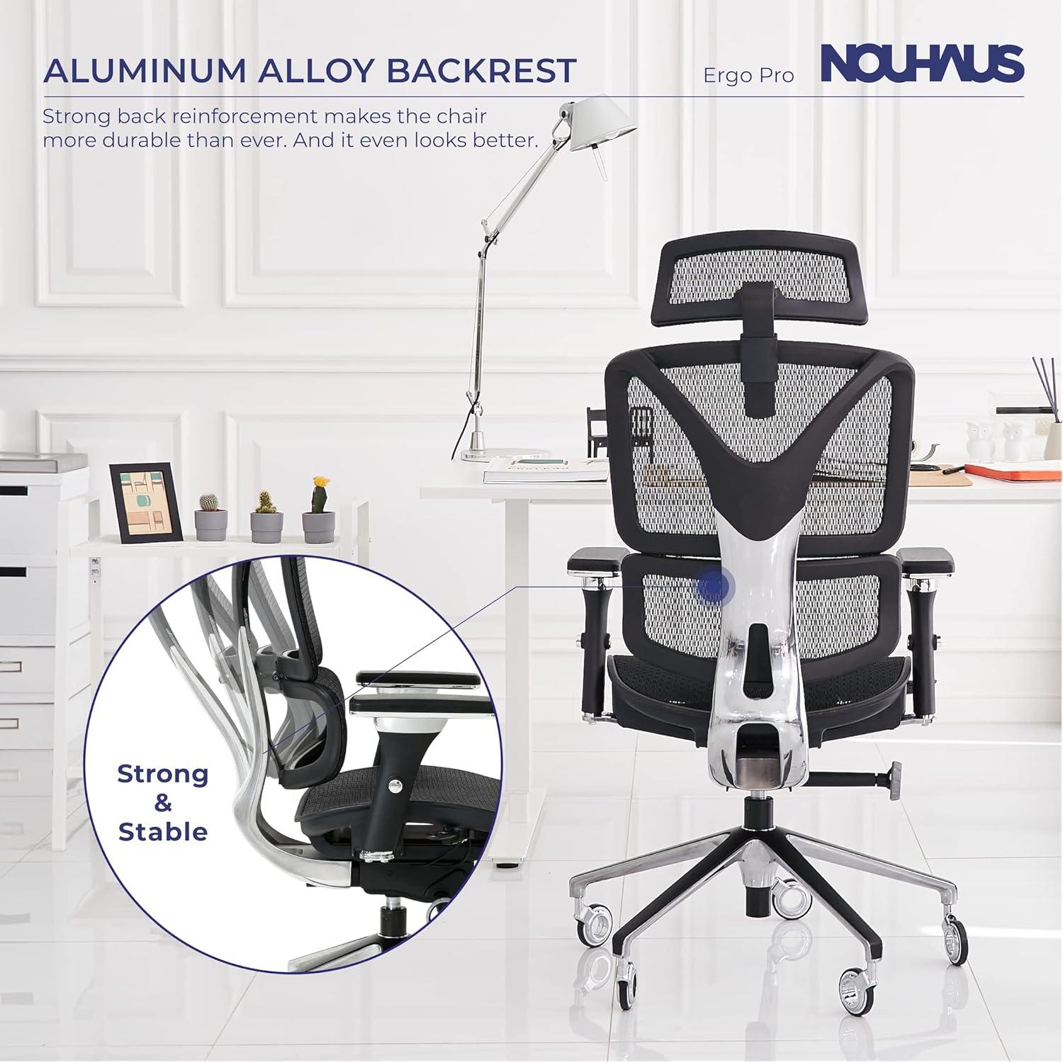 Nouhaus Inc Nouhaus Ergonomic Office Chair Lumbar Support Aluminum Alloy Backrest, Big and Tall Mesh Computer Desk Chair with Adjustable Headrest, 4D Armrest and Premium Wheels