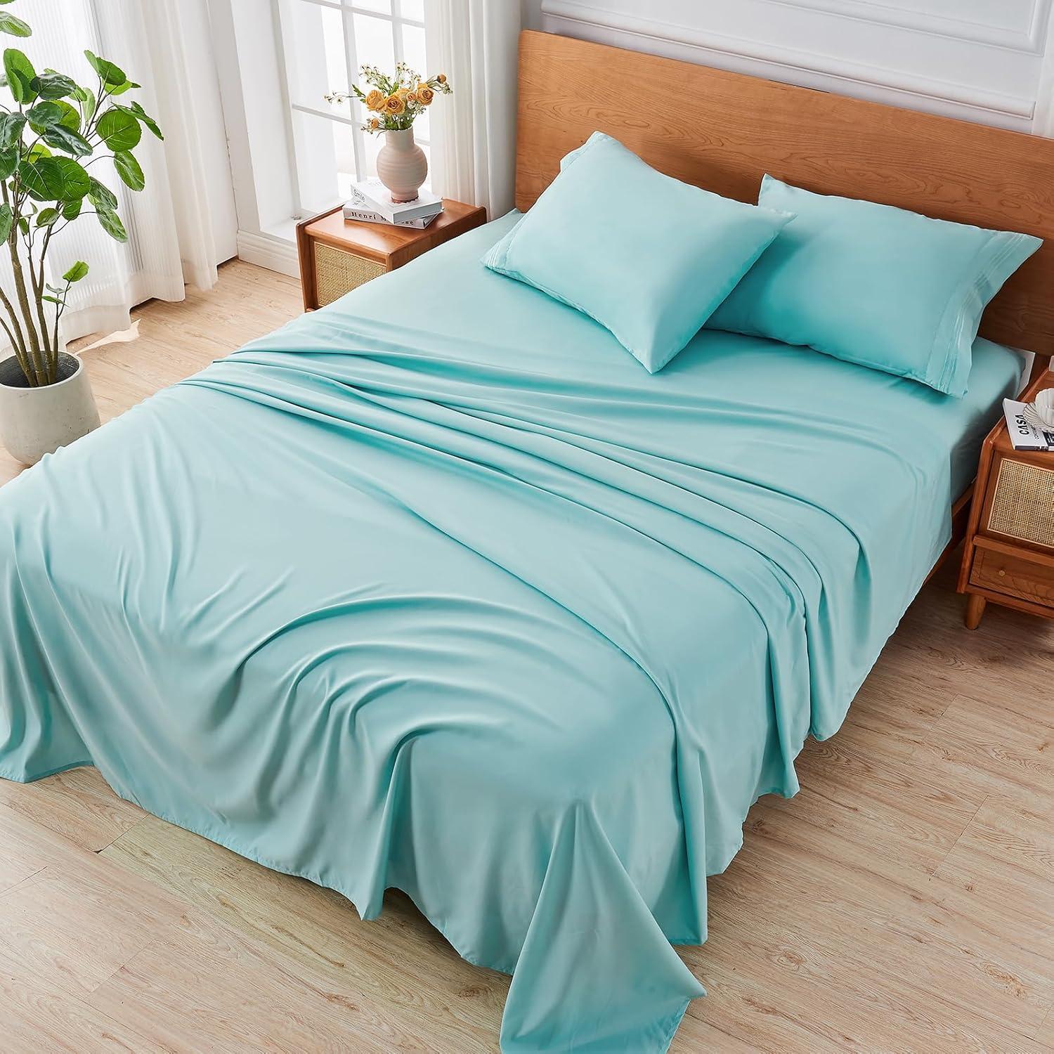 Bare Home Premium 1800 Collection 4-Piece Bed Sheet Set, Queen, Aqua