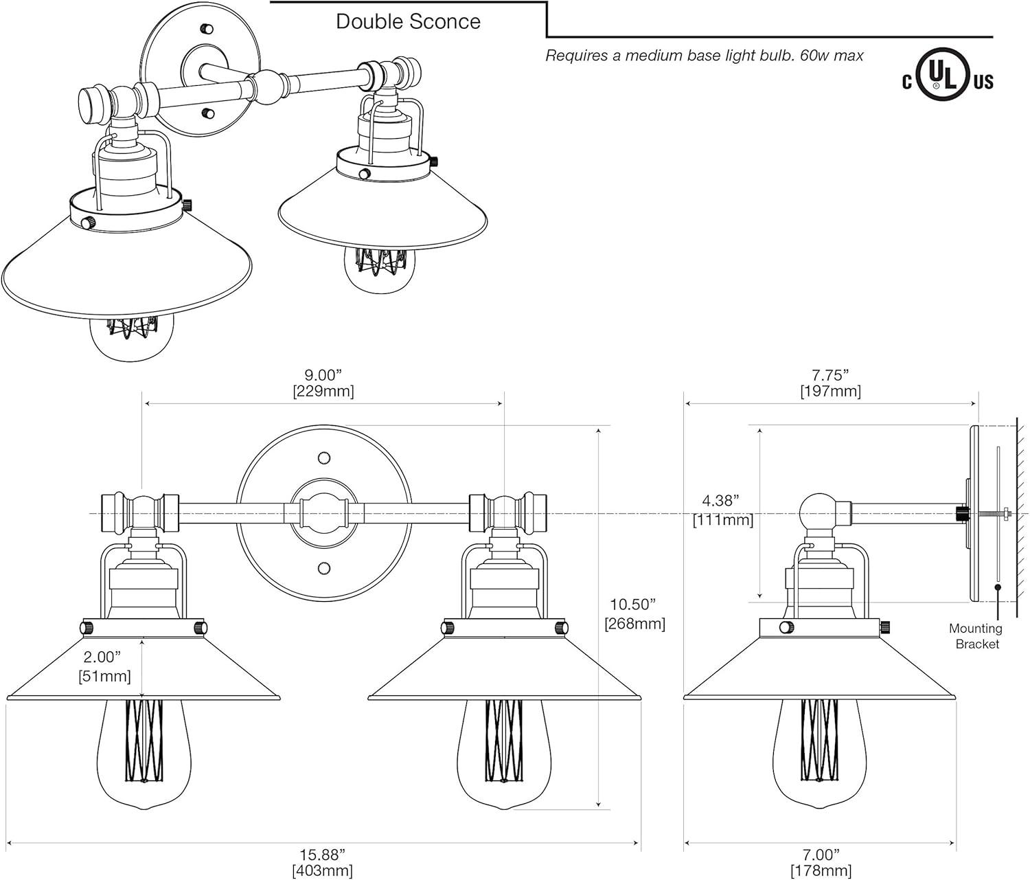 Farmhouse Wall Mount 2-Light Fixture | Double Wall Metal Sconce