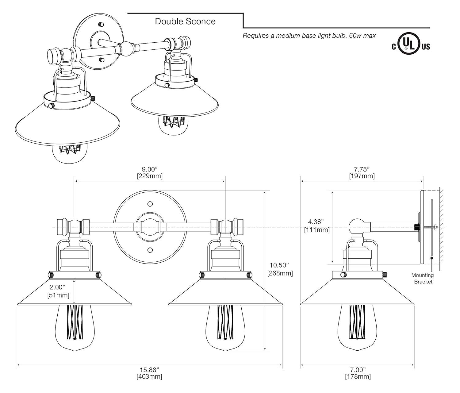 Farmhouse Wall Mount 2-Light Fixture | Double Wall Metal Sconce
