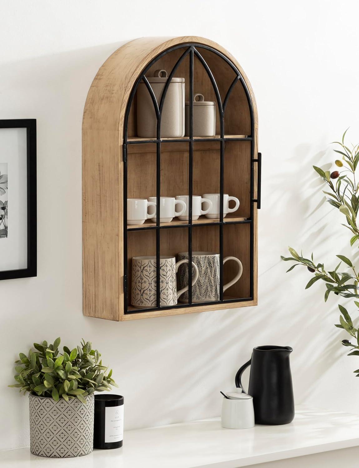 Natural Wood and Black Arched Wall Cabinet with Metal Door