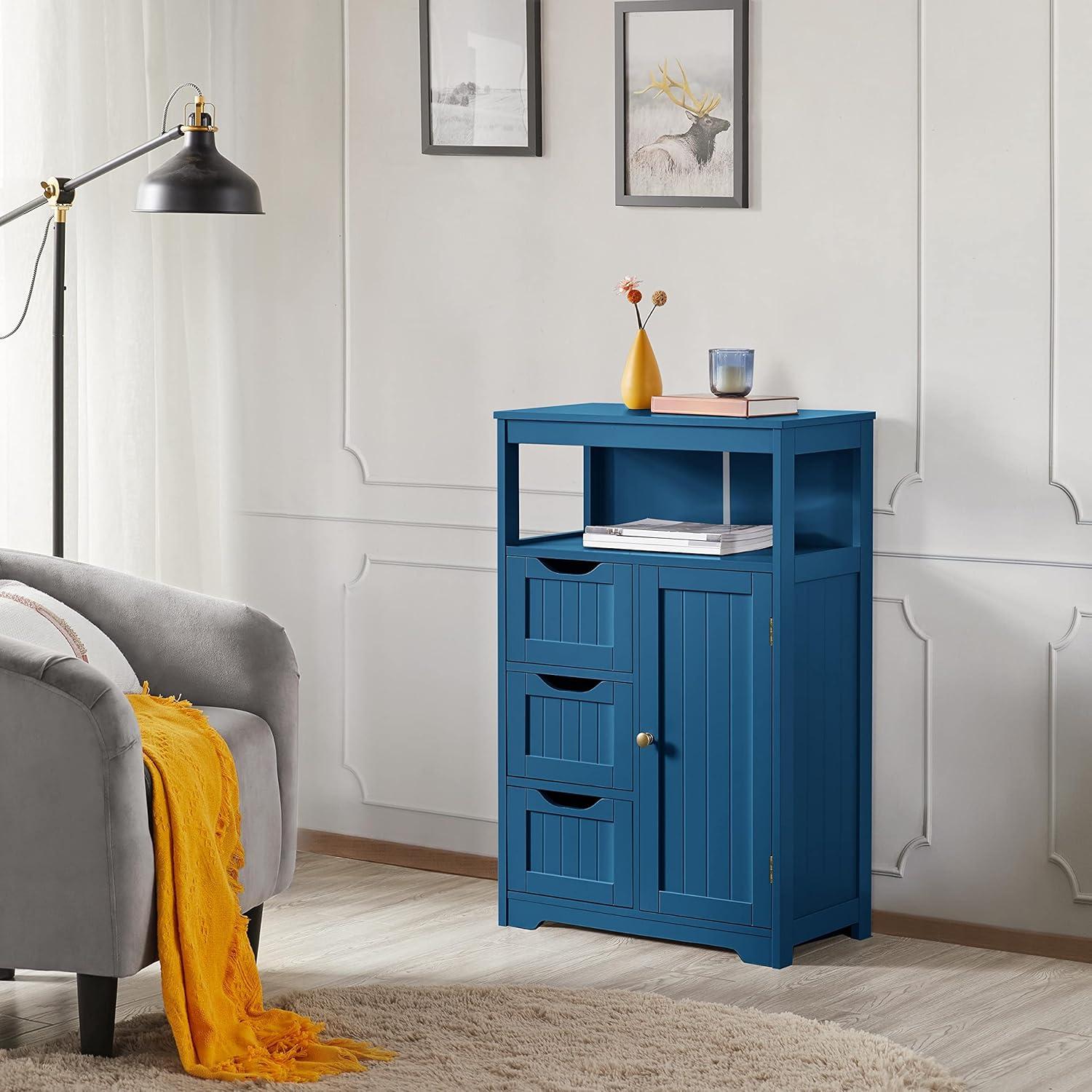 Navy Blue Wooden Bathroom Floor Cabinet with Adjustable Shelves