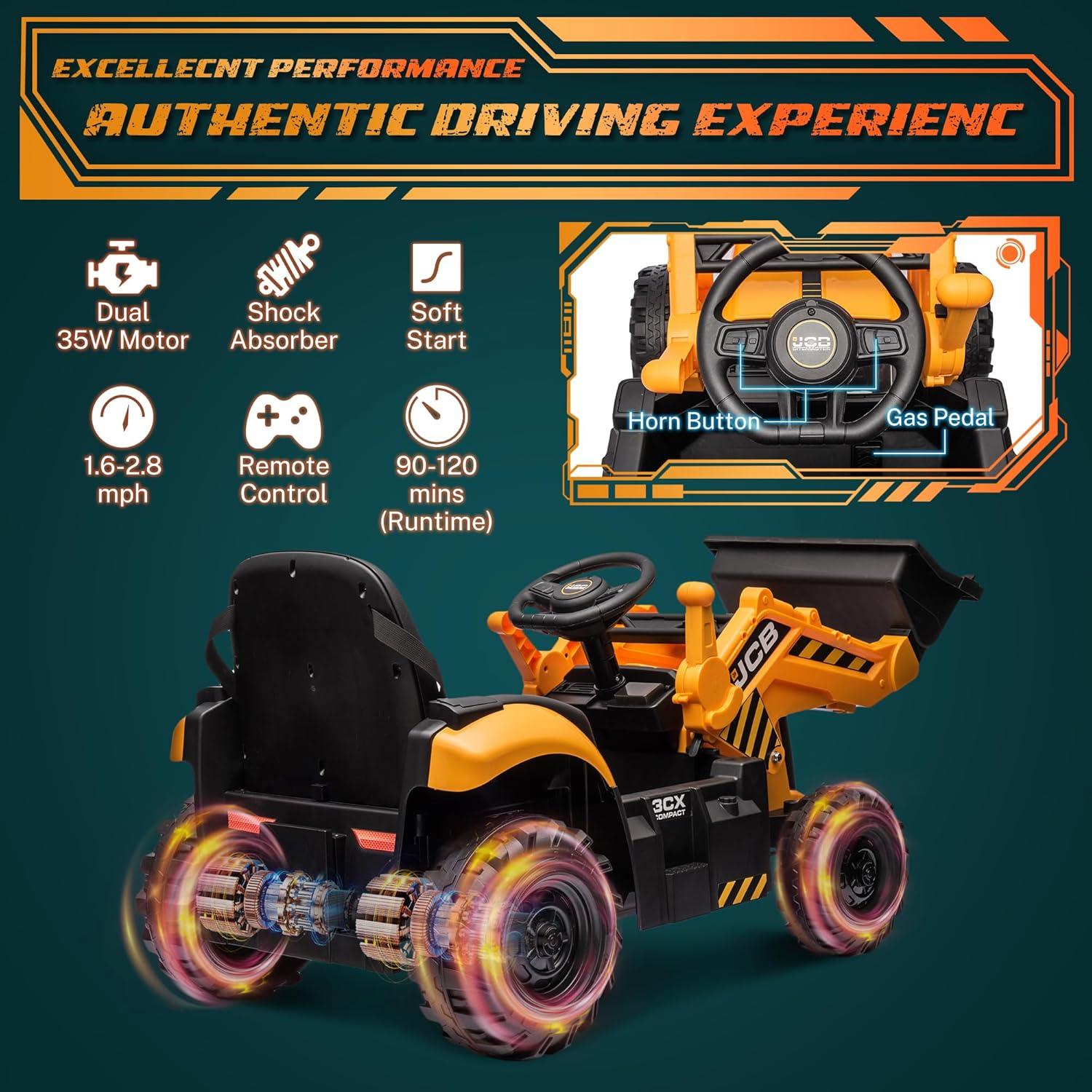 EastVita 12V Ride on Toys Tractor, Kids Ride on Car Toy Excavator Bulldozer, 12V Digger w/Trailer, Shovel Bucket, Digger, Remote Control, EVA Tires, LED Lights, Music, USB