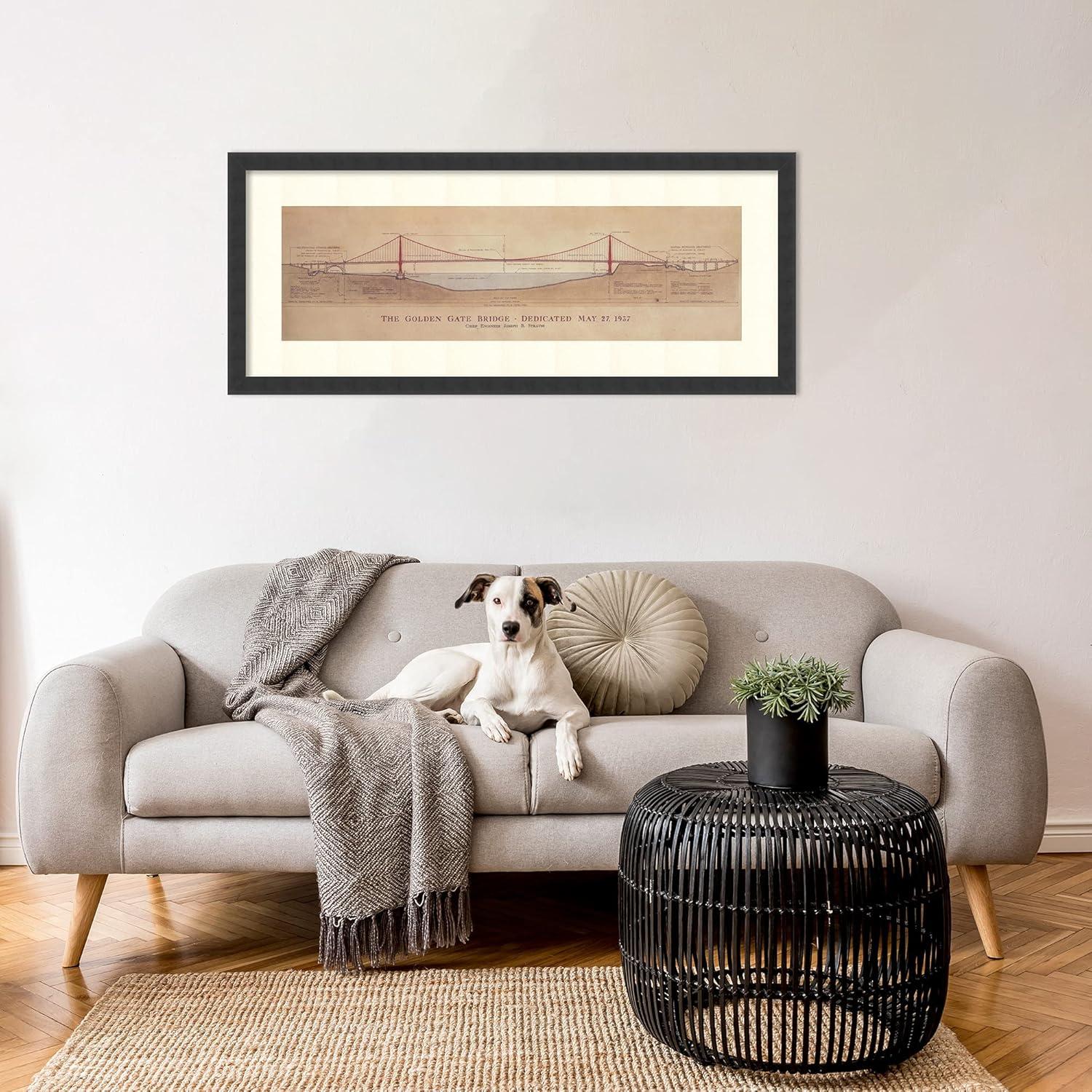 Golden Gate Bridge Architectural Drawing Framed Print, 40 x 17 Inch