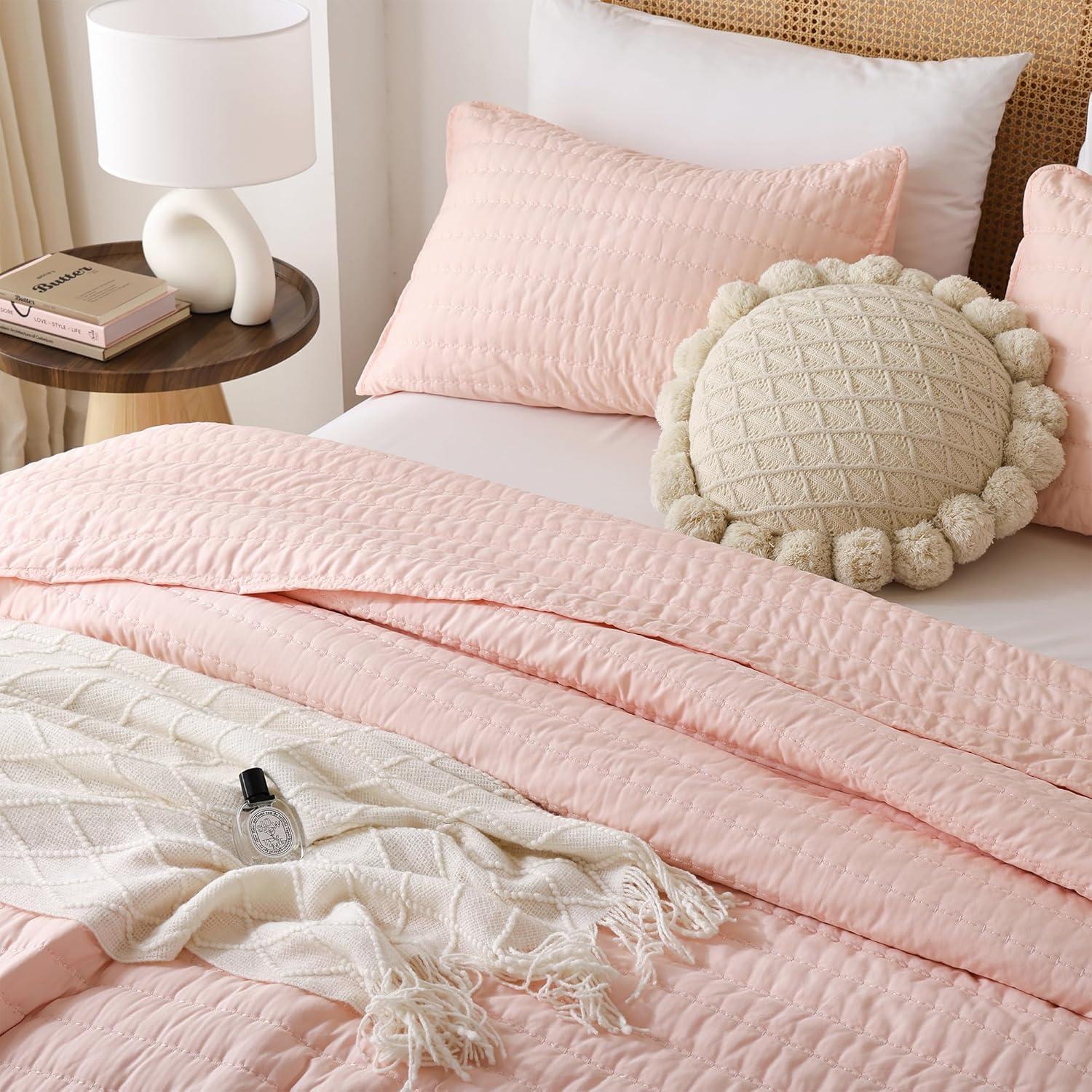 Blush Pink Microfiber Queen Bedspread Set with Pillowcases