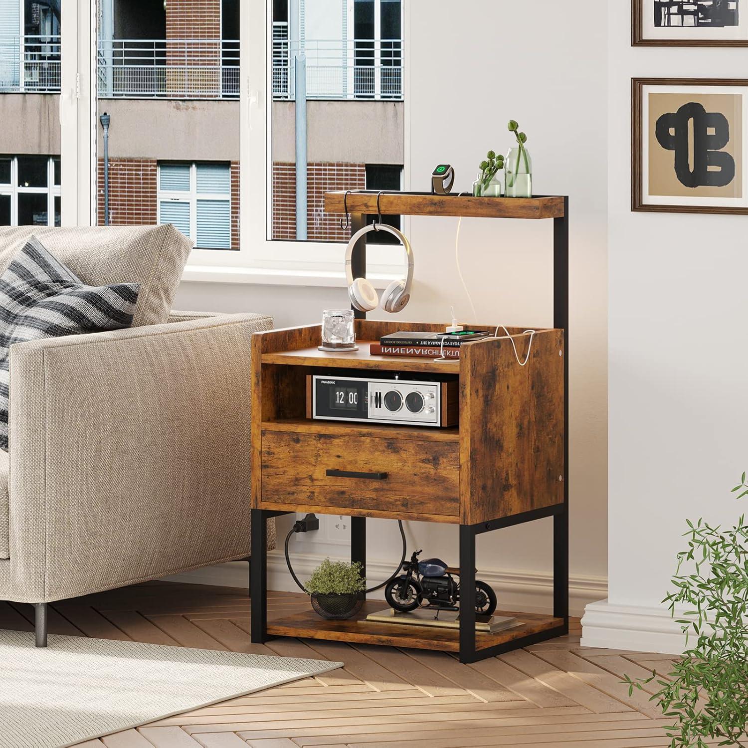 Brown LED Night Stand with Charging Station, Modern Bedside Table for Bedroom