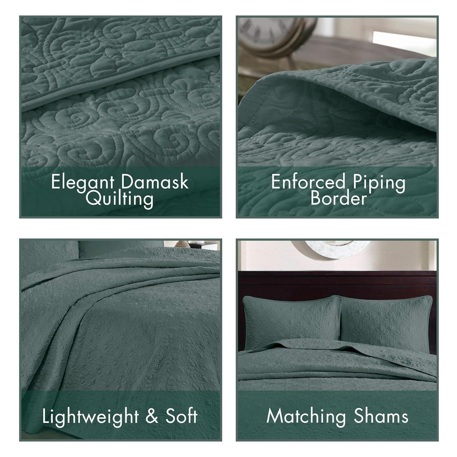 Madison Park Bedspread Set Reversible Damask Quilted Oversized Coverlet, Cotton-Filled Quilts Queen Oversized, All Season, Lofty & Warm Bedspread, Quebec, Queen Balsam Green 3 Piece