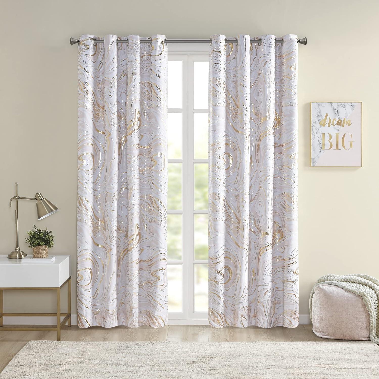 Blush and Gold Marble Print Blackout Grommet Curtains