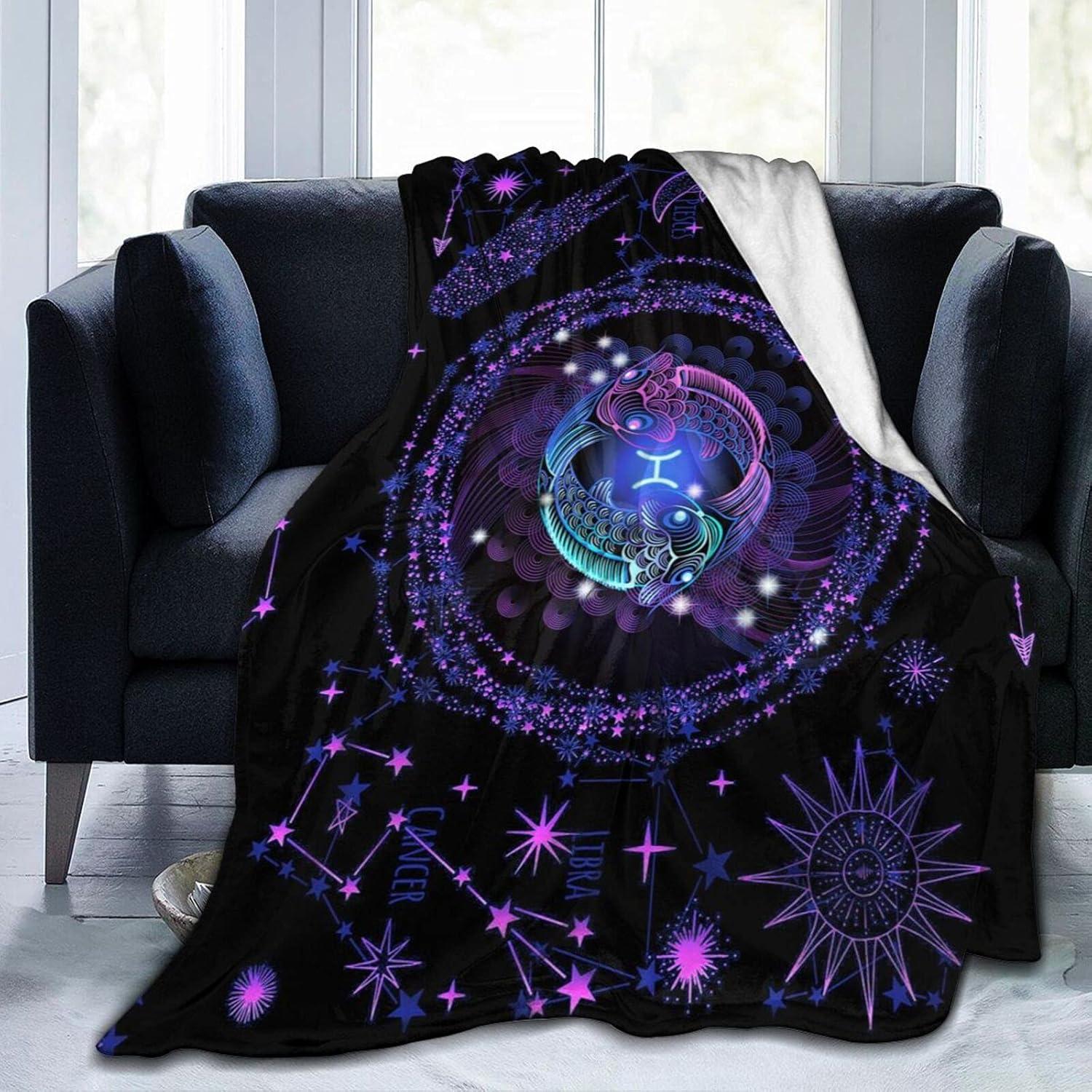 Reversible Black and Purple Constellation Fleece Throw Blanket